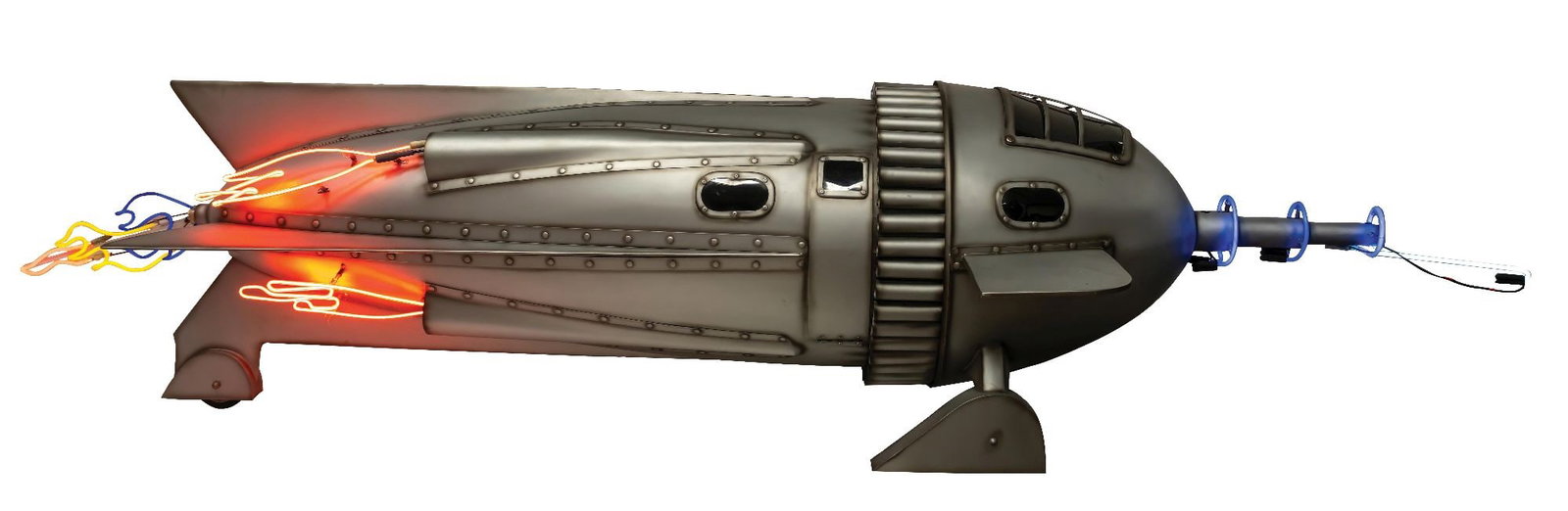 LARGE NEON ROCKET SHIP: Spectacular oversized retro-futuristic rocket/spacecraft display, constructed in metal and finished in silver with darker shaded accents emphasizing the extensive riveted construction. The highly deta