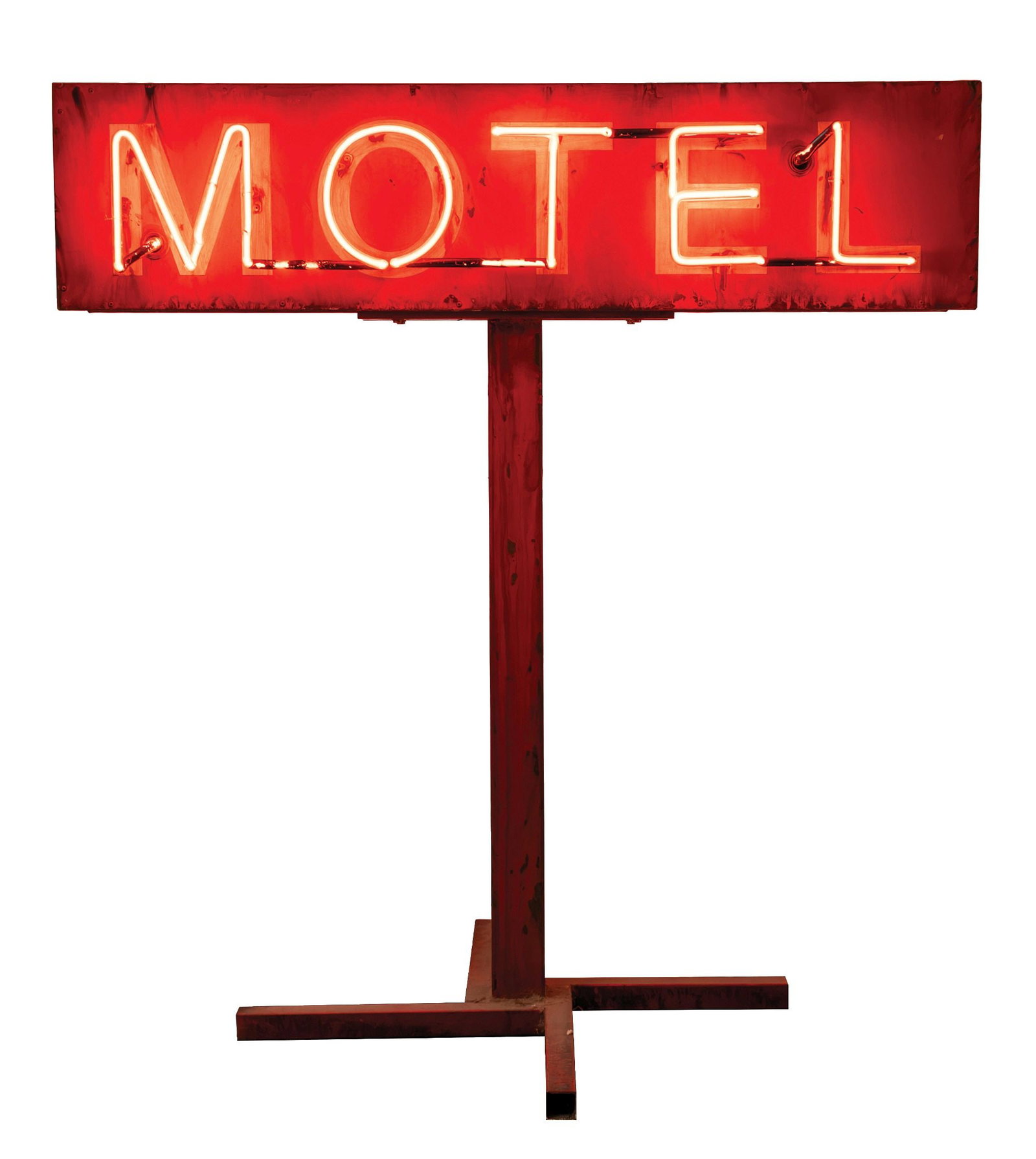 RED DOUBLE SIDED MOTEL NEON SIGN WITH COLUMN STAND: A double-sided painted tin with original can motel neon on a stand, which is a later addition. CONDITION: Good overall. Appears to be original paint. Condition: (Good). Dimensions: 49" X 12" X 52 - 1/