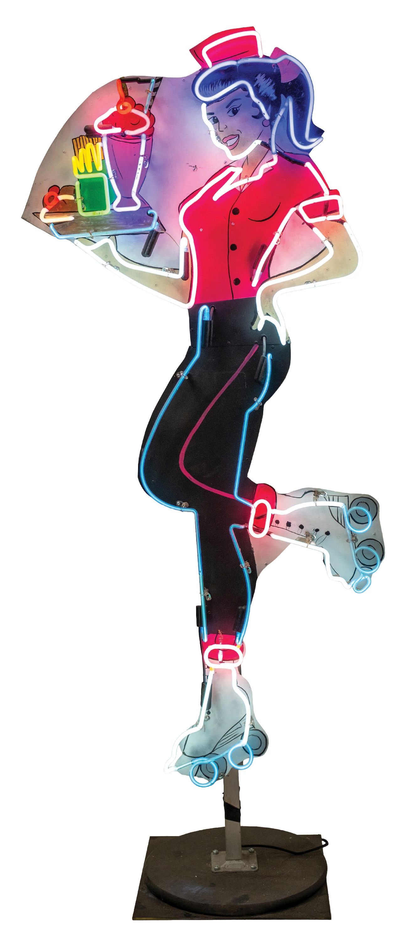 WAITRESS ON ROLLER SKATES NEON SIGN ON STAND: Carhop painted tin neon sign in working condition. CONDITION: Fantastic overall colors. Some small edge wear and one area of slight paint loss in the white-colored field, very easily touched-up,