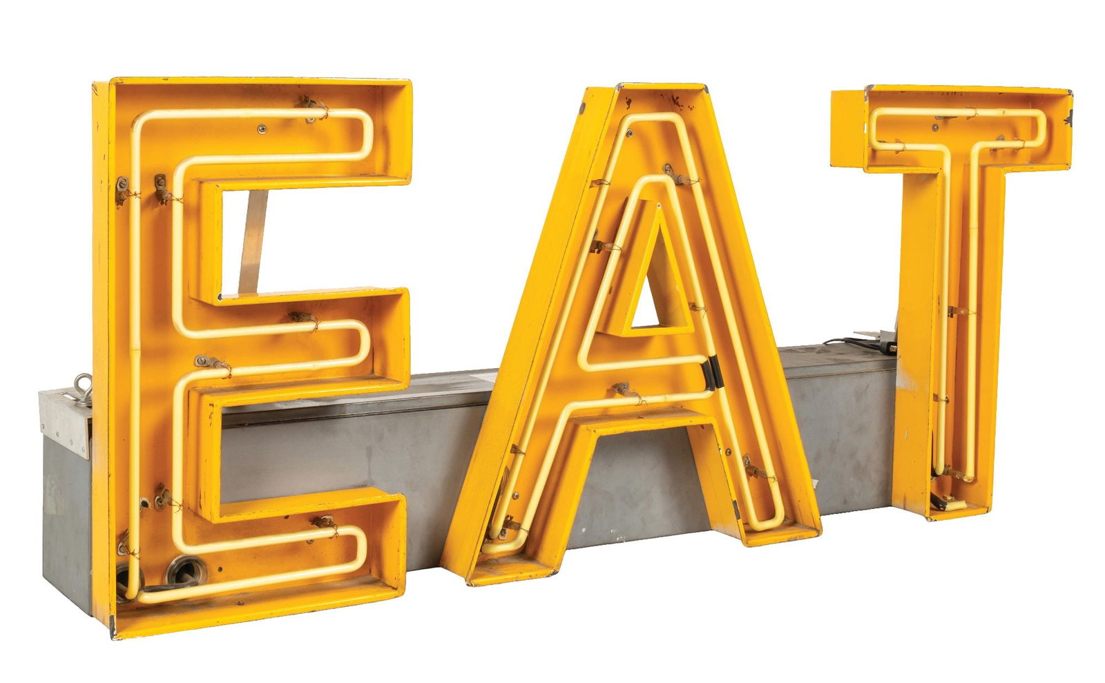 NEON "EAT" YELLOW CAFE SIGN: CONDITION: Showoing an original can with remnants of original paint. With working neon and moderate wear from age and use. Condition: (8). Dimensions: 58 - 1/2" X 10 - 1/2" X 25"