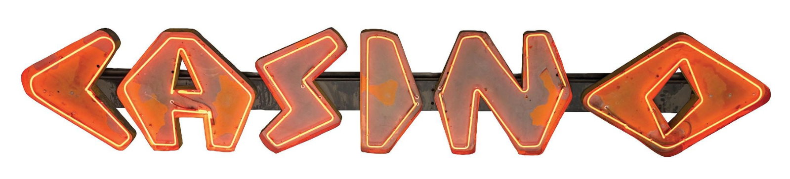 LARGE NEON CASINO SIGN: A large painted tin Casino sign. CONDITION: Fair overall. Neon appears to be intact. Mounted on original can. Condition: (Fair). Dimensions: 107" X 12 - 1/2" X 22 - 1/2"