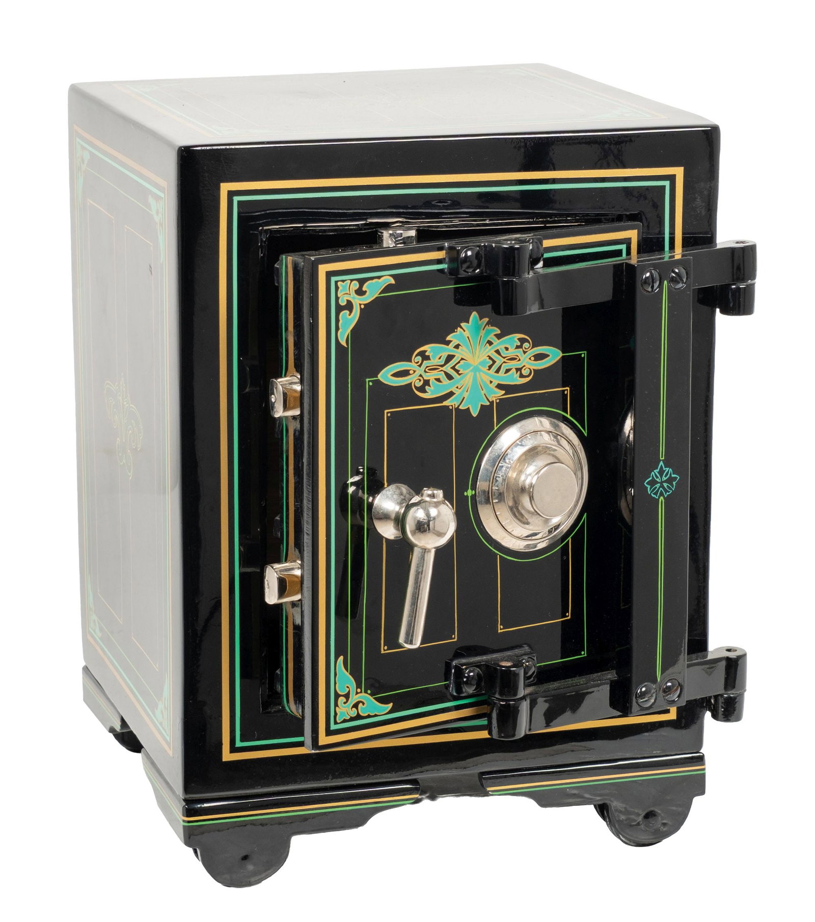 SMALL CAST IRON DEMONSTRATER OR SALESMAN SAMPLE SAFE: Fine miniature safe or salesman’s demonstration model, constructed in the form of a full-size late 19th- to early 20th-century commercial safe. The rectangular cabinet is finished in high-gloss