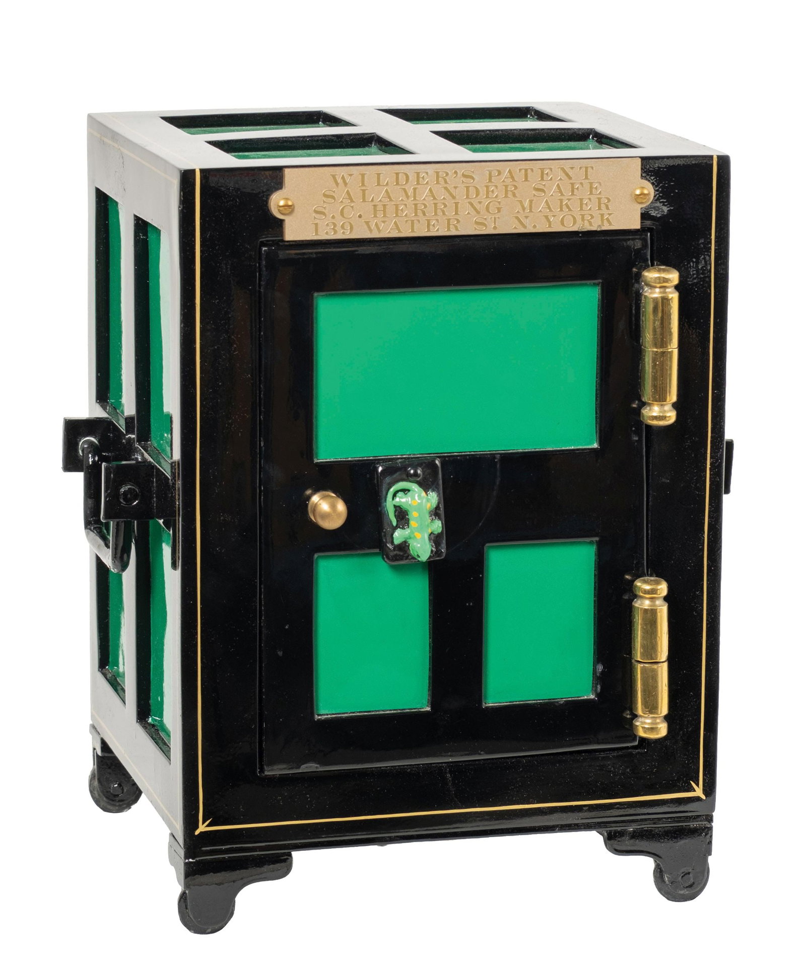 RESTORED WILDER'S PATENT SALAMANDER SAFE: The plaque identifies it as a “Wilder’s Patent Salamander Safe,” S. C. Herring, Maker, 139 Water St., New York. The black case with gilt striping, brass hardware, bright green inset