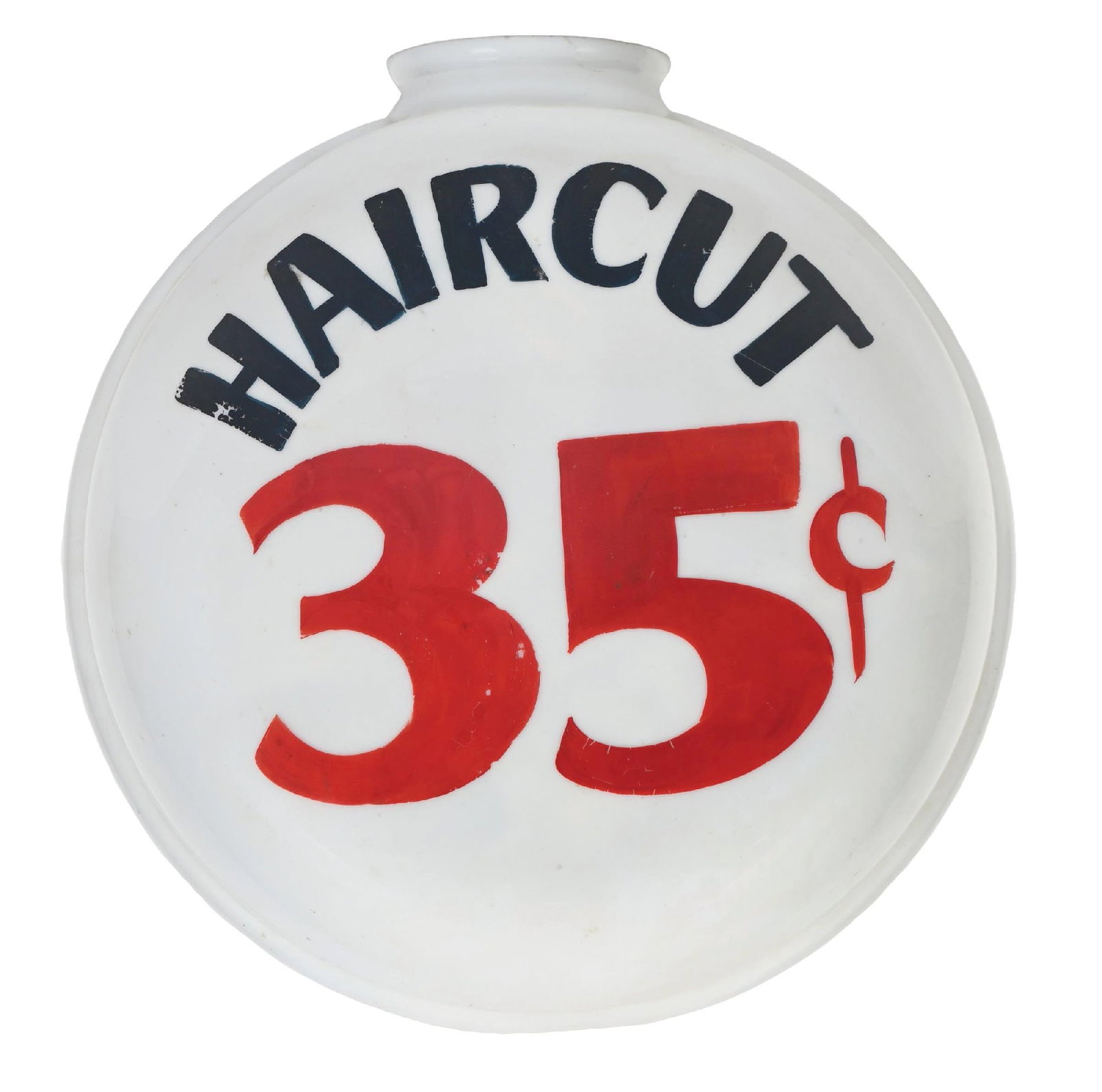 LIGHT-UP GLOBE W/ HAND-PAINTED 35¢ HAIRCUT: CONDITION: No chips, cracks, or repairs. The hand-painted lettering shows some light scuffs overall. Plastic construction. Condition: (8.0). Dimensions: 12" Globe.
