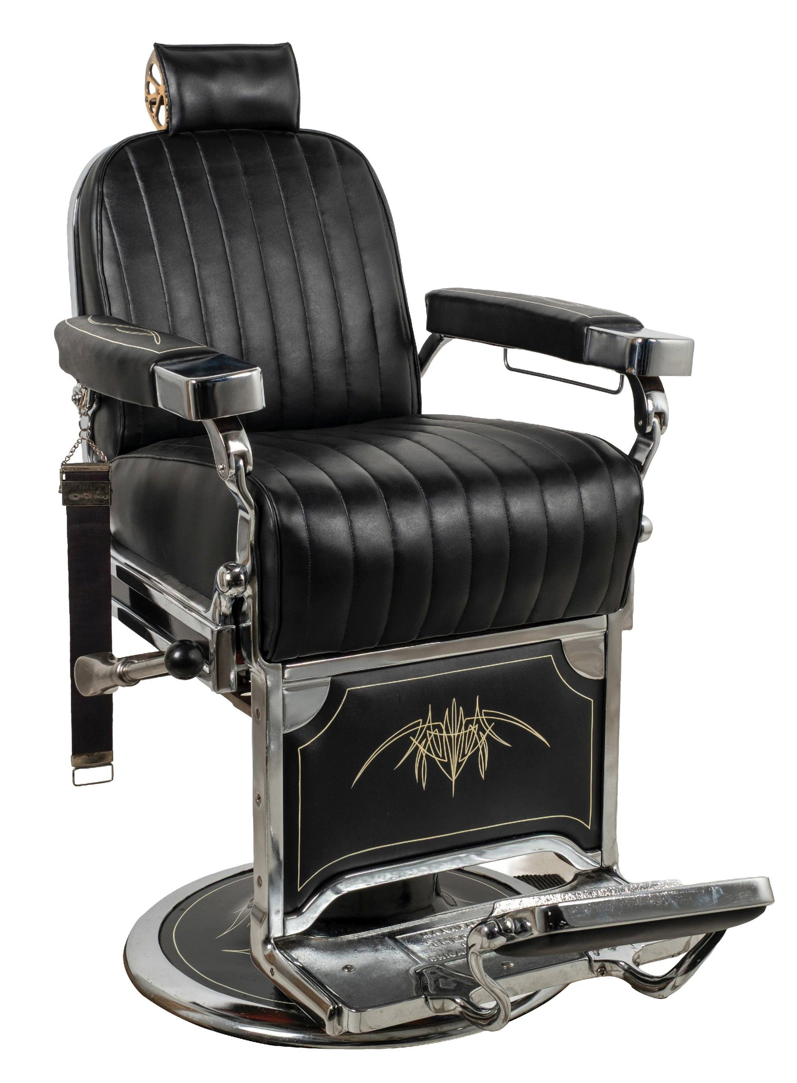 THEO A KOCHS BLACK BARBER CHAIR: Theo A. Kochs barber chair done in black motif with cream-colored pinstriping and black tufted leather. Castings have been chrome plated. CONDITION: Very good overall. This is not a standard