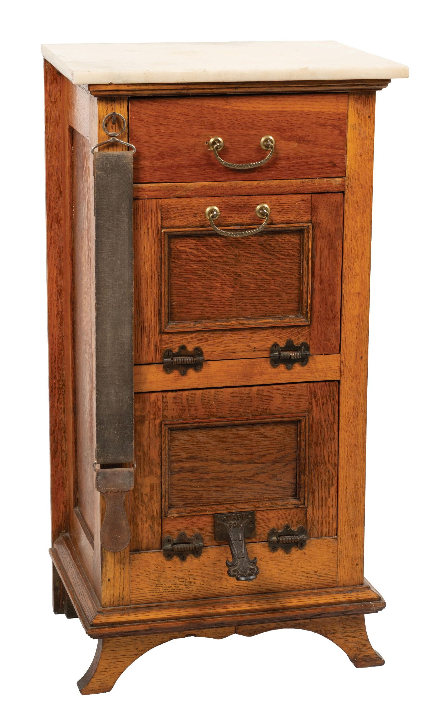 OAK BARBER SHOP CABINET WITH MARBLE TOP: CONDITION: Single-station barber shop cabinet with foot pedal, drop drawer, marble top, and hanging strop hook. Deep oak finish, possible restoration in its history, with no chips, breaks, or repairs 