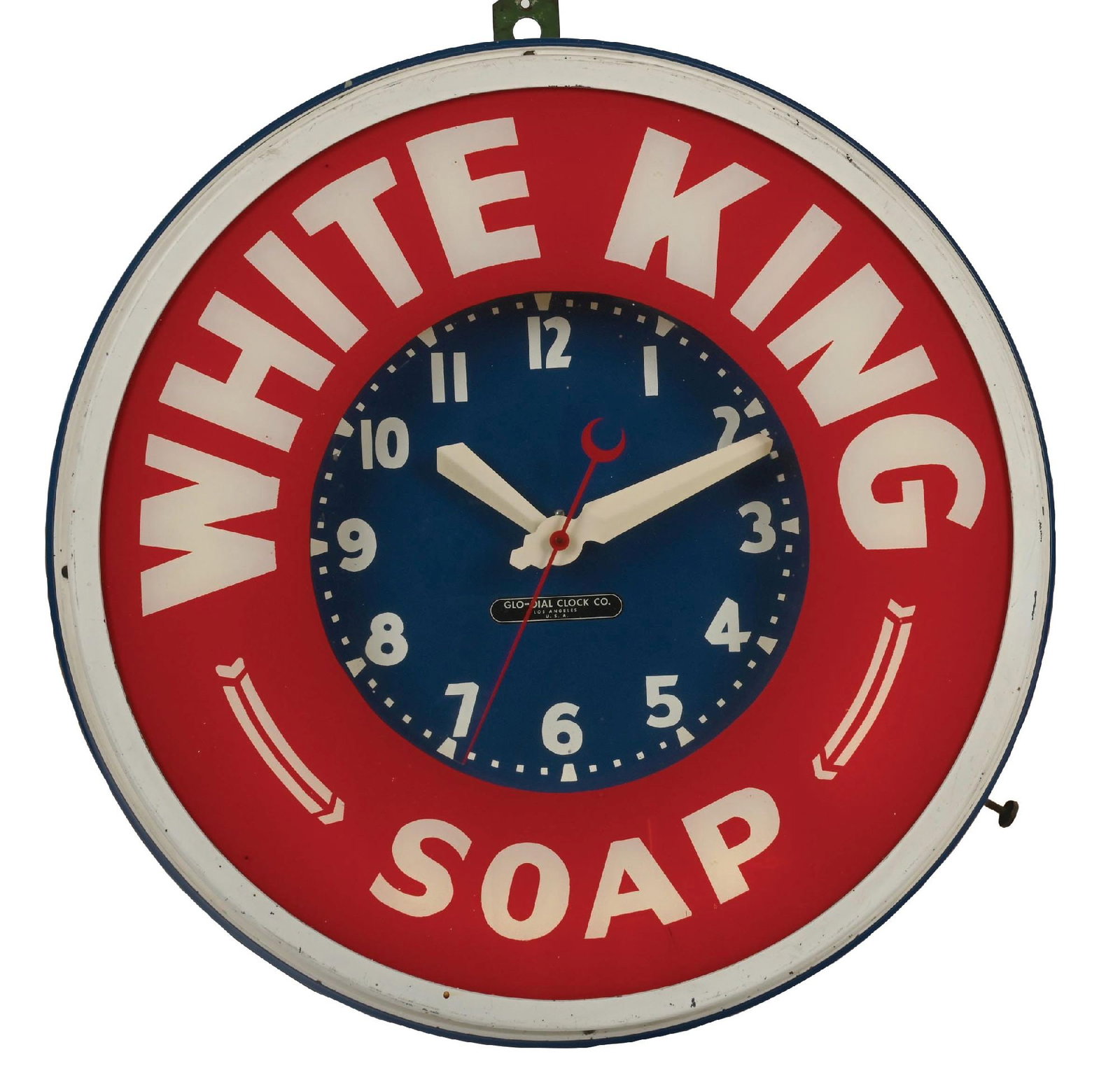 WHITE KING SOAP LIGHT-UP ADVERTISING NEON CLOCK: Maker marked for the Glo Dial Clock Company. CONDITION: Shows an all original can with original paint, with some paint splatter. It has original glass front advertising White King Soap. Shows no