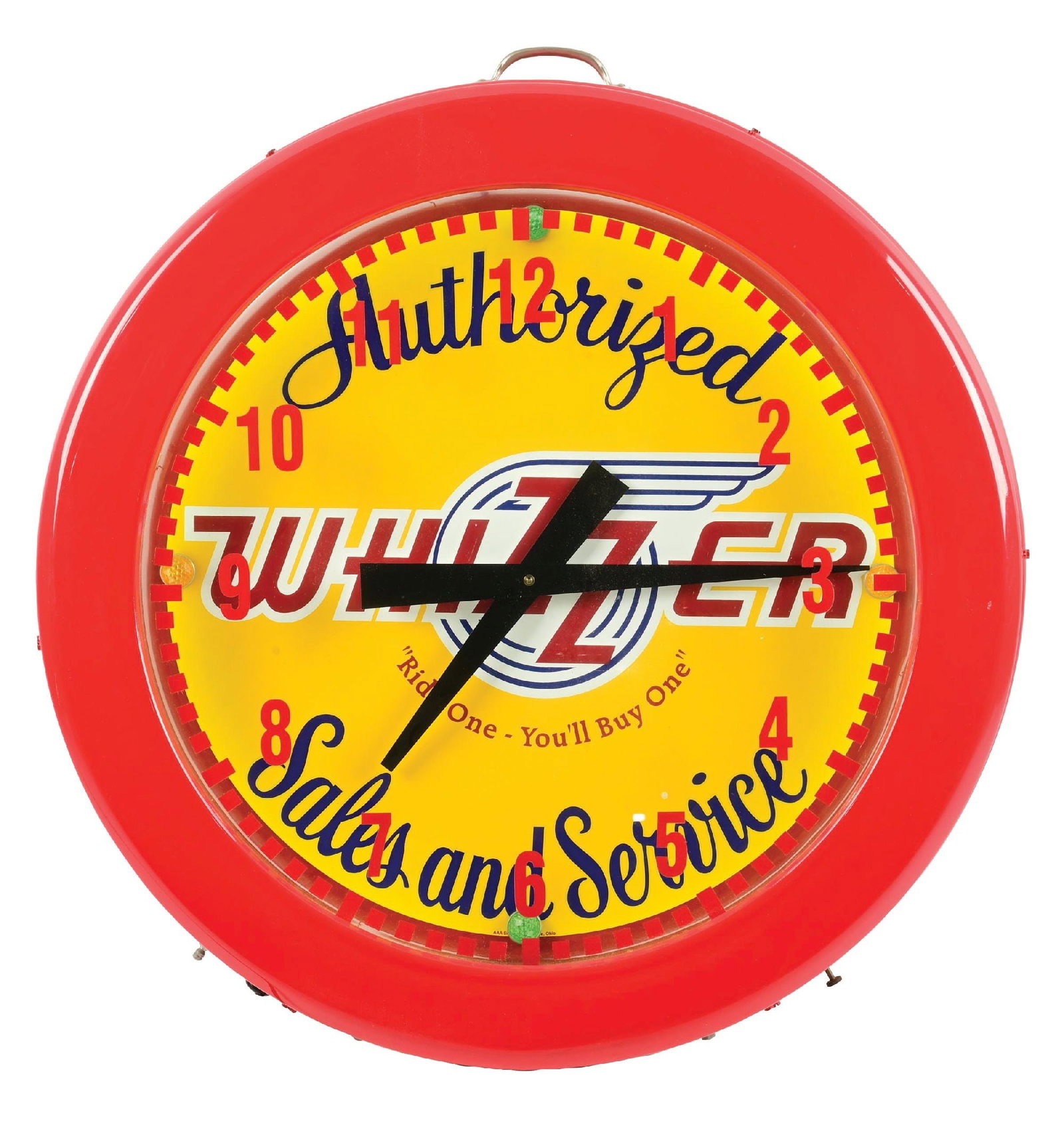 WHIZZER AUTHORIZED SALES AND SERVICE TIRE CLOCK WITH NEON: CONDITION: Neon clock advertising Whizzer bicycles, produced in the 70's showing light wear overall, original cord and working. The clock is operational. This is not a standard shippable item and