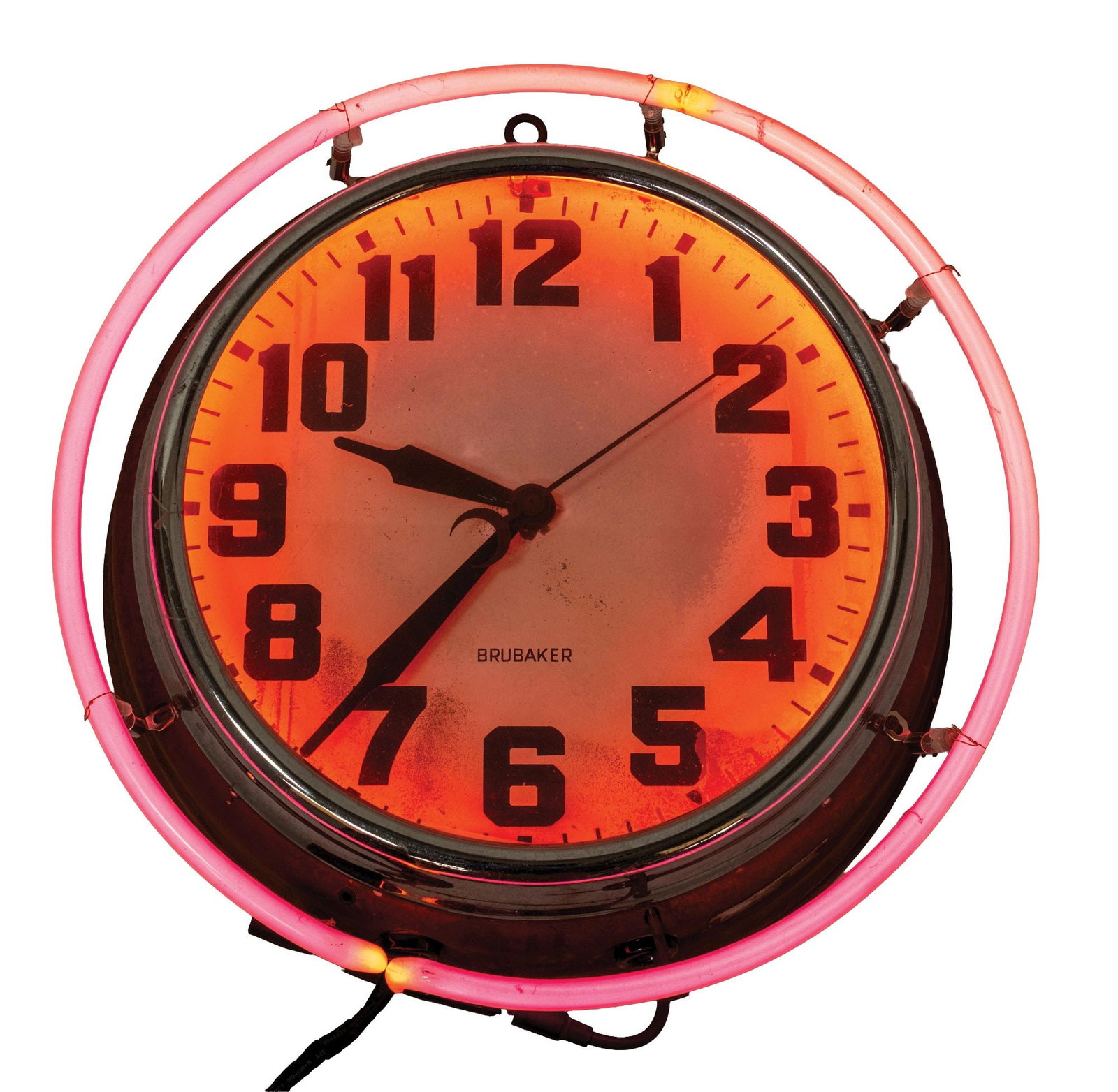 BRUBAKER NEON CLOCK: Neon clock with the original dial and original face, which is marked "Brubaker". Manufacturing plate reads "Model 6018". CONDITION: The outer case is rusted, consistent with age. The chrome ring is in
