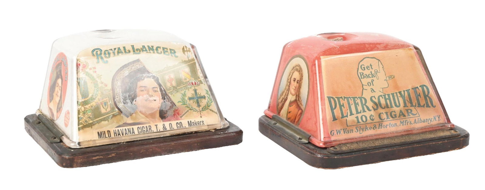 A PAIR OF COUNTERTOP CLOCKWORK GLASS ADVERTISING CIGAR CUTTERS (1 of 4)