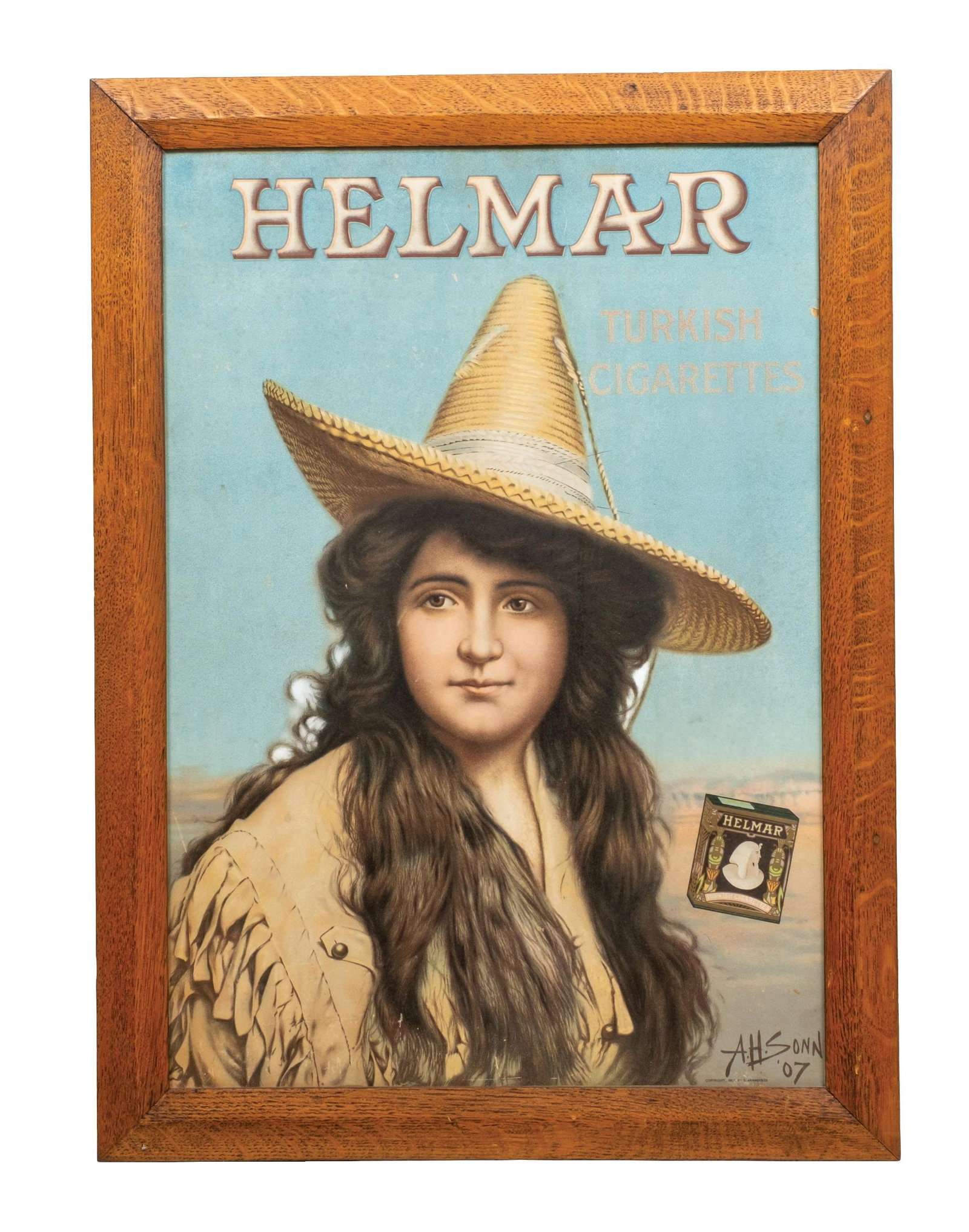 HELMAR TURKISH CIGARETTES CARDBOARD ADVERTISING: CONDITION: Showing good color and graphic, with some areas on the far edges showing some paper loss, with no rips, tears, or repairs. In a period frame where the edges have been framed out of the pict