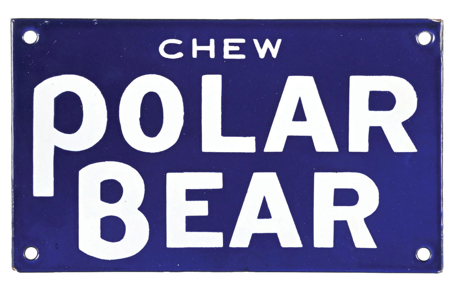 CHEW POLAR BEAR TOBACCO PORCELAIN SIGN: SSP. CONDITION: Showing bright blue cobalt color with great shine. Makers imperfections on the edge, but no damage noted. Condition: (9.75). Dimensions: 8 - 1/2" x 5".
