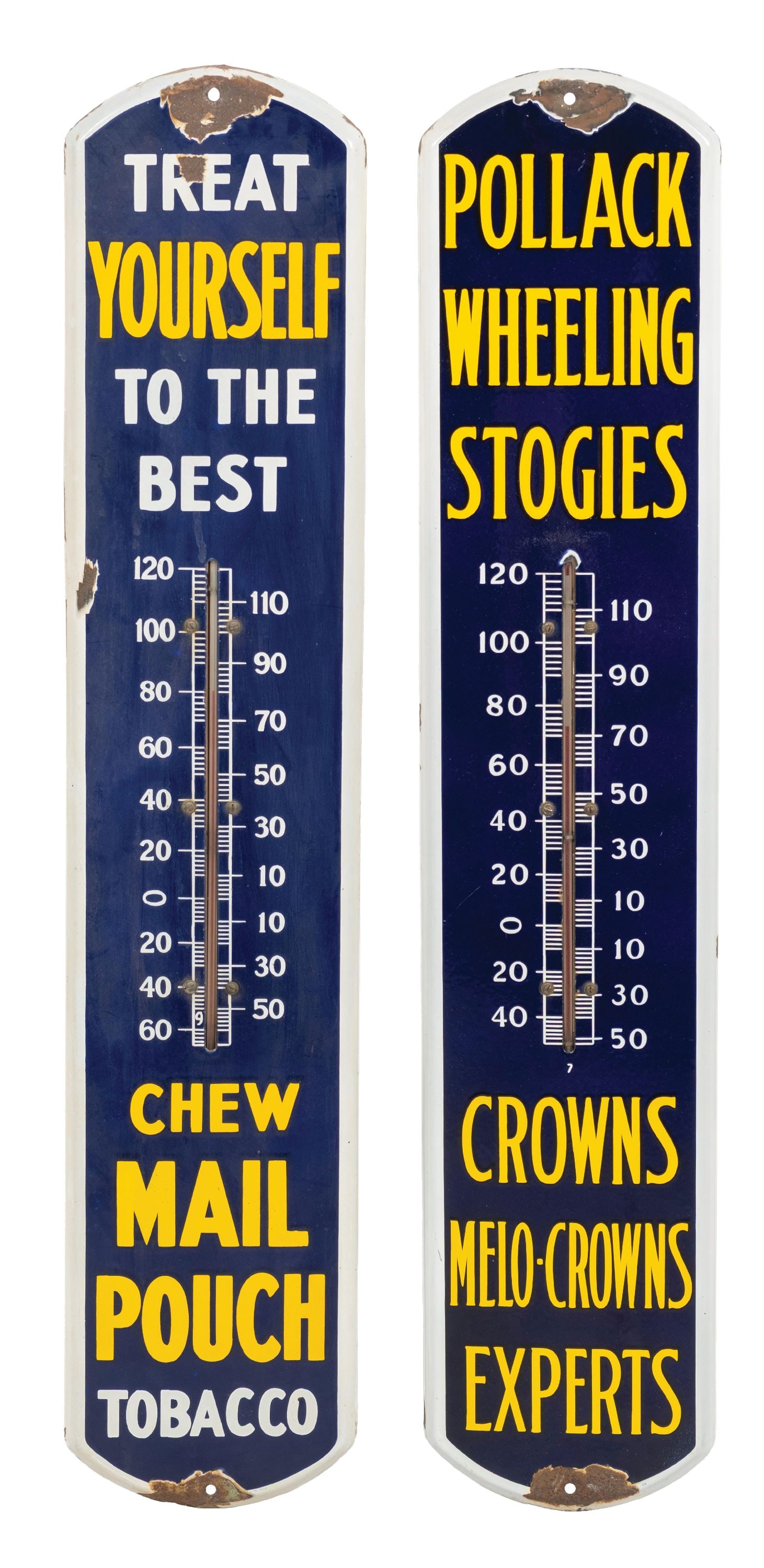 LOT OF 2 MAIL POUCH AND POLLACK STOGIES ADVERTISING THERMOMETERS (1 of 2)