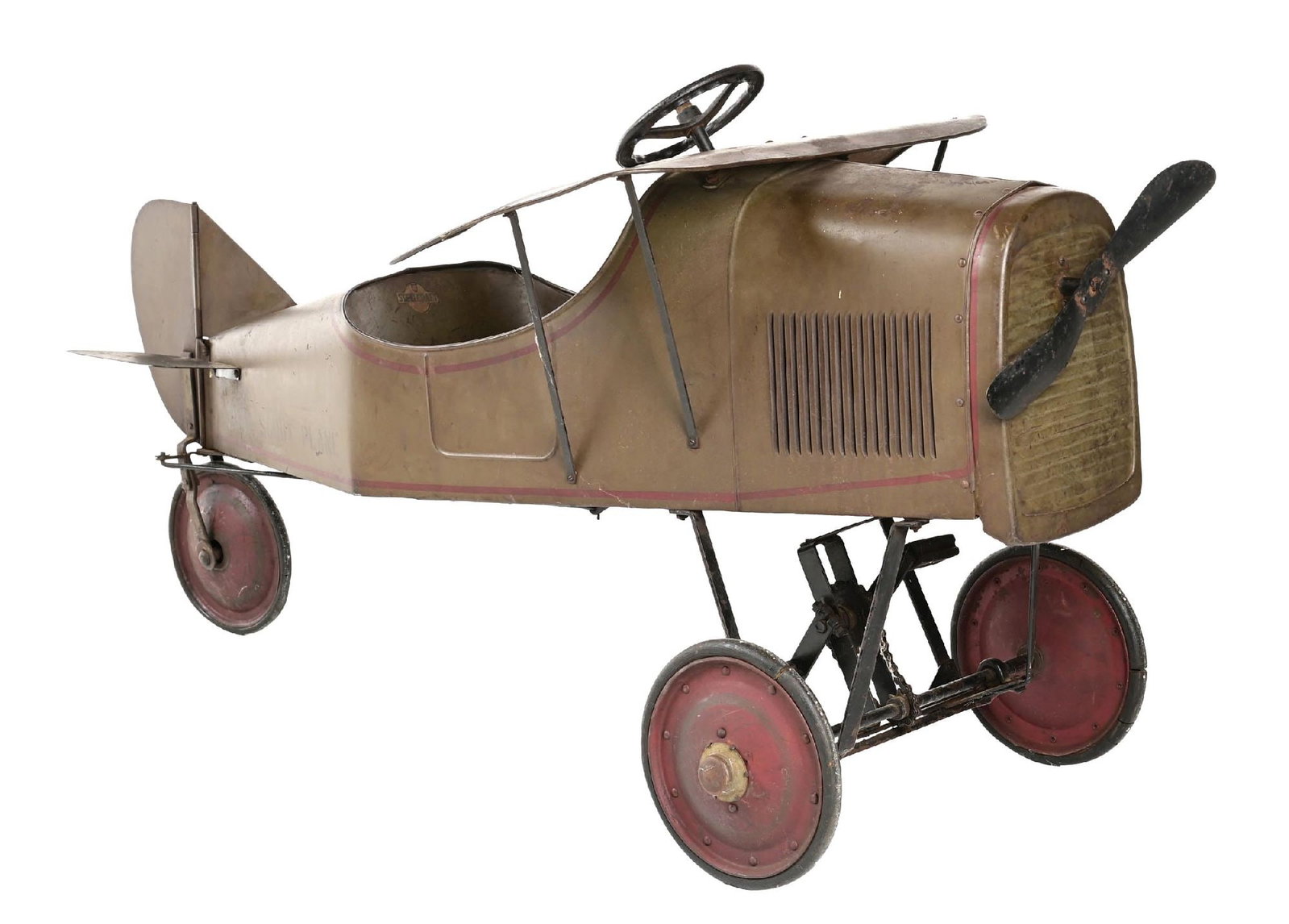 PHENOMENAL STEELCRAFT ARMY SCOUT PEDAL AIRPLANE: C. 1920s. CONDITION: Showing all original paint with original stenciling marked for "Steelcraft", with original wheels and original pedals, about as original of this pedal car as we have seen. This is