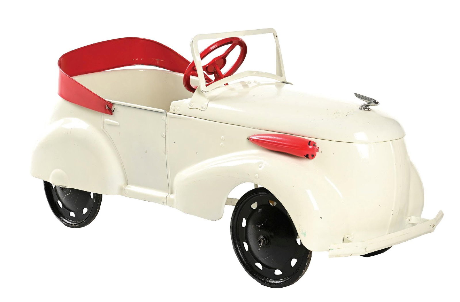 GENDRON SKIPPY PEDAL CAR: C. 1930s. CONDITION: Showing an older restoration with new paint, with scuff marks and areas of wear since the new paint was applied. Original pedals and tires. Condition: (Good). Dimensions: Approx. 