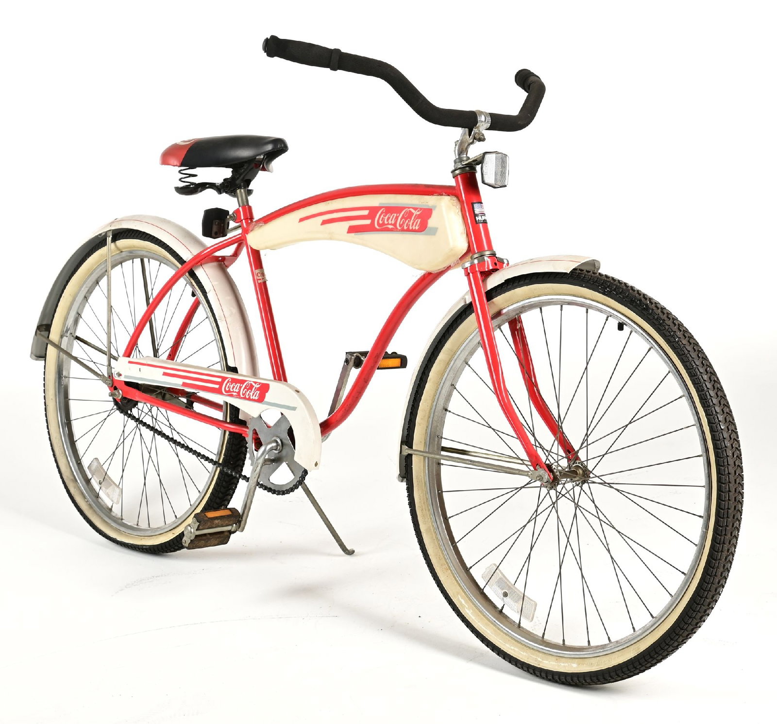 SCHWINN VINTAGE SPECIAL EDITION COCA-COLA BICYCLE: CONDITION: Showing original paint, saddle, handlebars, and chain guard, with moderate wear from use and some areas of scuffs and scrapes. This is not a standard shippable item and will require 3rd par