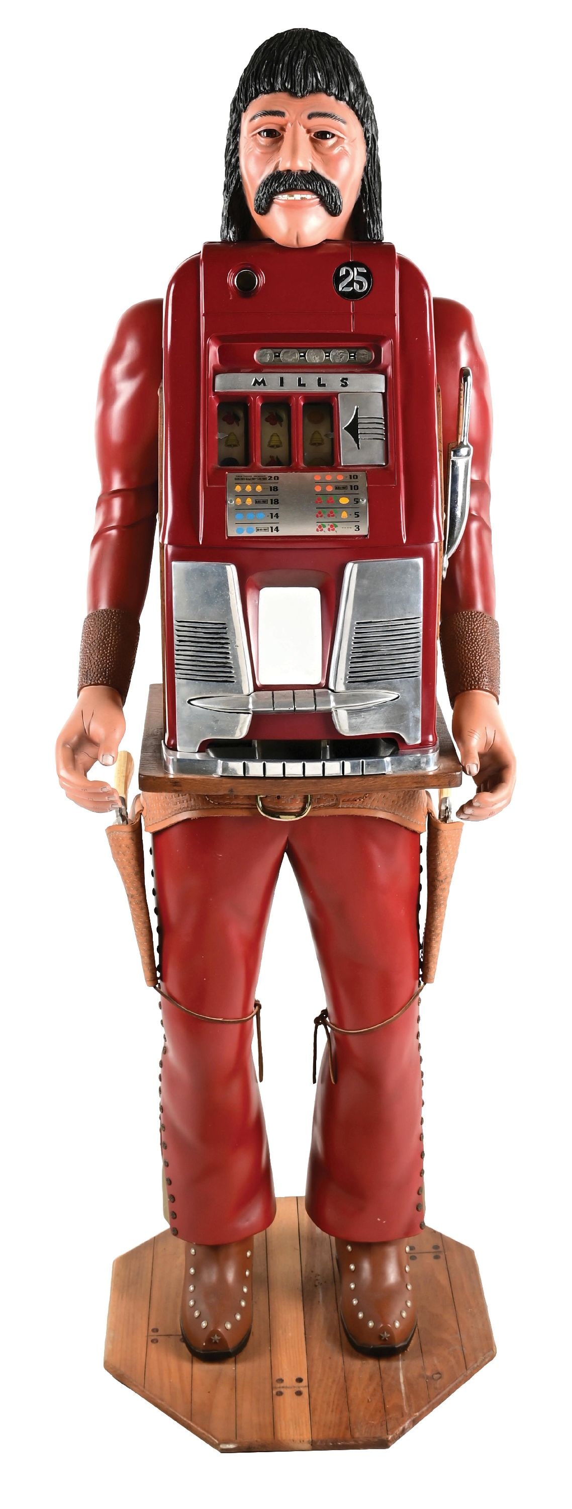 25¢ MILLS NOVELTY CO. LIFE-SIZE BANDIT/COWBOY WITH MILLS HI-TOP SLOT MACHINE: CONDITION: Showing an older restoration with new reel strips, award card, back door and cash box. Plays and pays correctly and comes with the guaranteed jackpot. Showing light wear overall to the figu