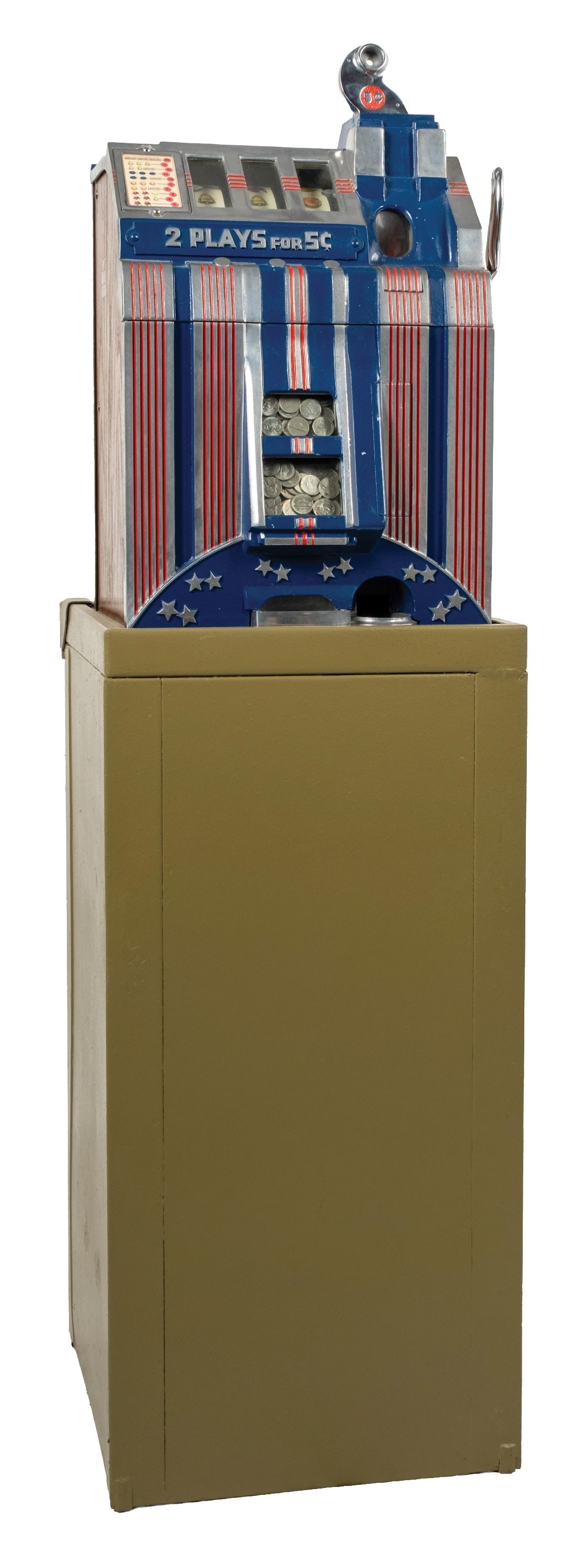 5¢ MILLS "SKYSCRAPER" SLOT MACHINE ON STAND: CONDITION: Showing a complete restoration with new reel strips and award card. With original back door and cash box. Plays and pays correctly including the jack pot. Comes with an original metal slot 