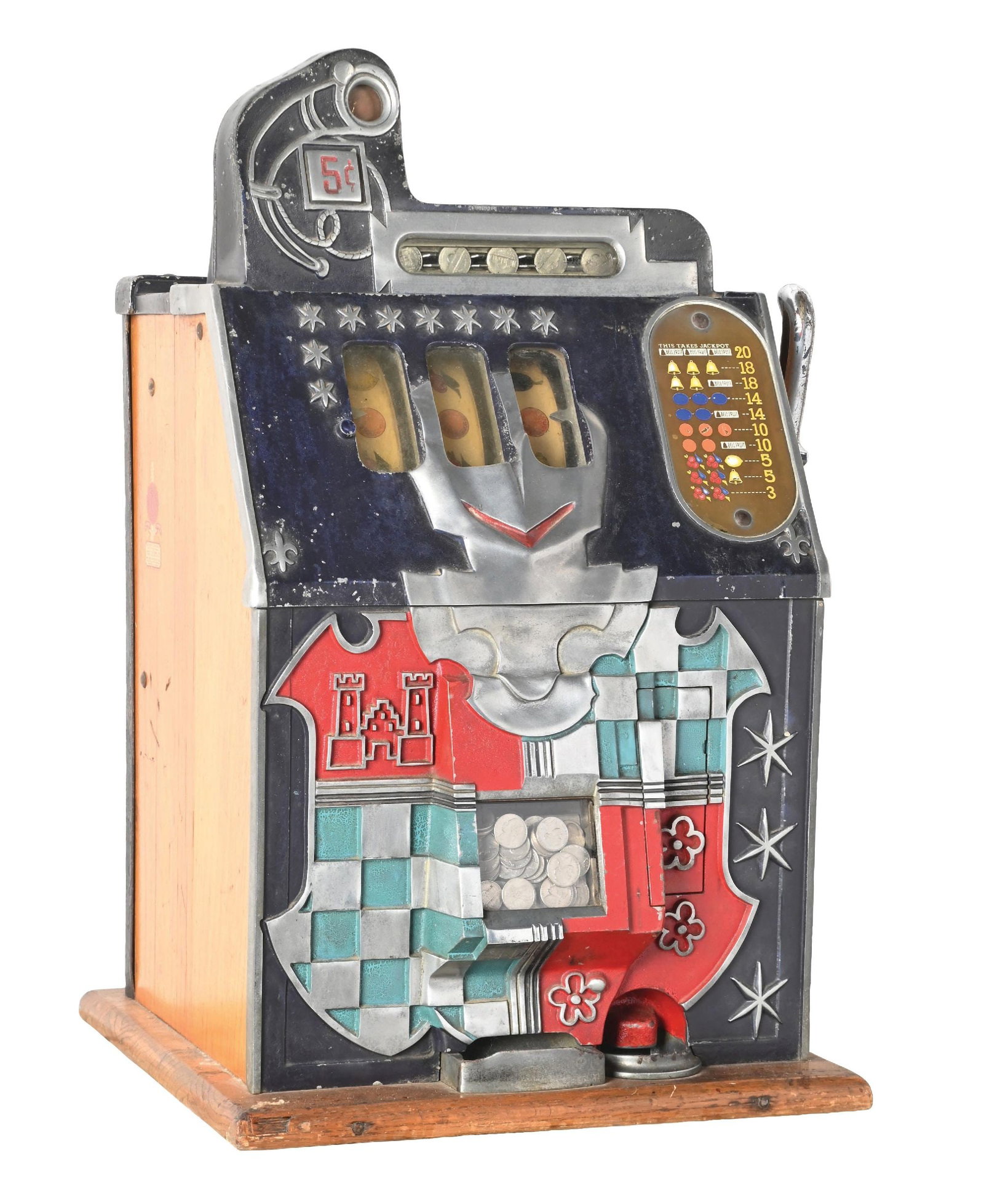 5¢ MILLS NOVELTY CO. CASTLE FRONT SLOT MACHINE: CONDITION: Showing an unrestored Castle Front with original reel strips, award card, back door and cash box. Plays and pays correctly as does the jackpot. This is not a standard shippable item and wil