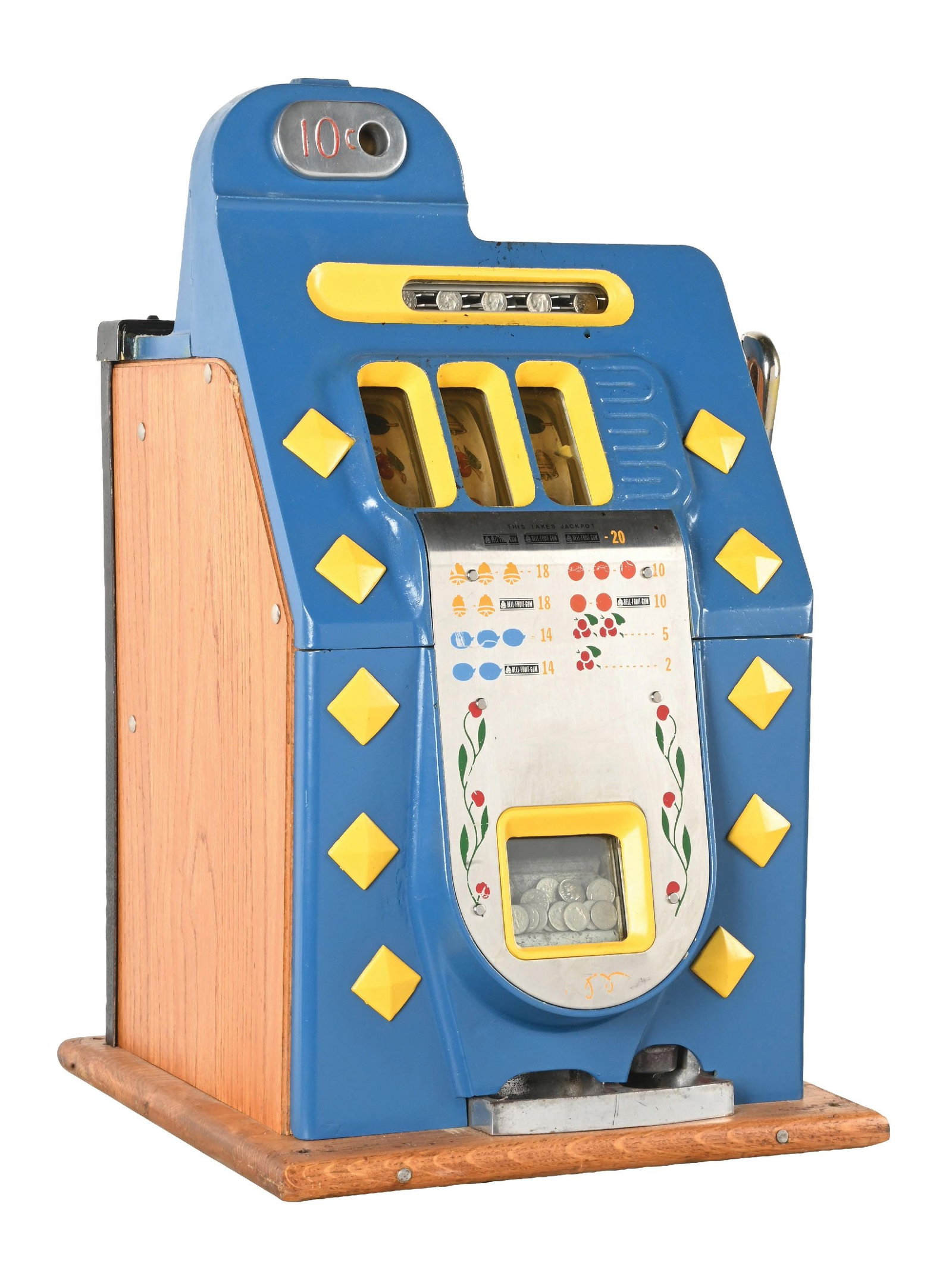 10¢ MILLS NOVELTY CO. DIAMOND FRONT JACKPOT SLOT MACHINE: CONDITION: Showing an older restoration with new reel strips paint, plating, and award card, original back door and lock. With cash box. Plays and pays correctly, including the jackpot. This is not a 