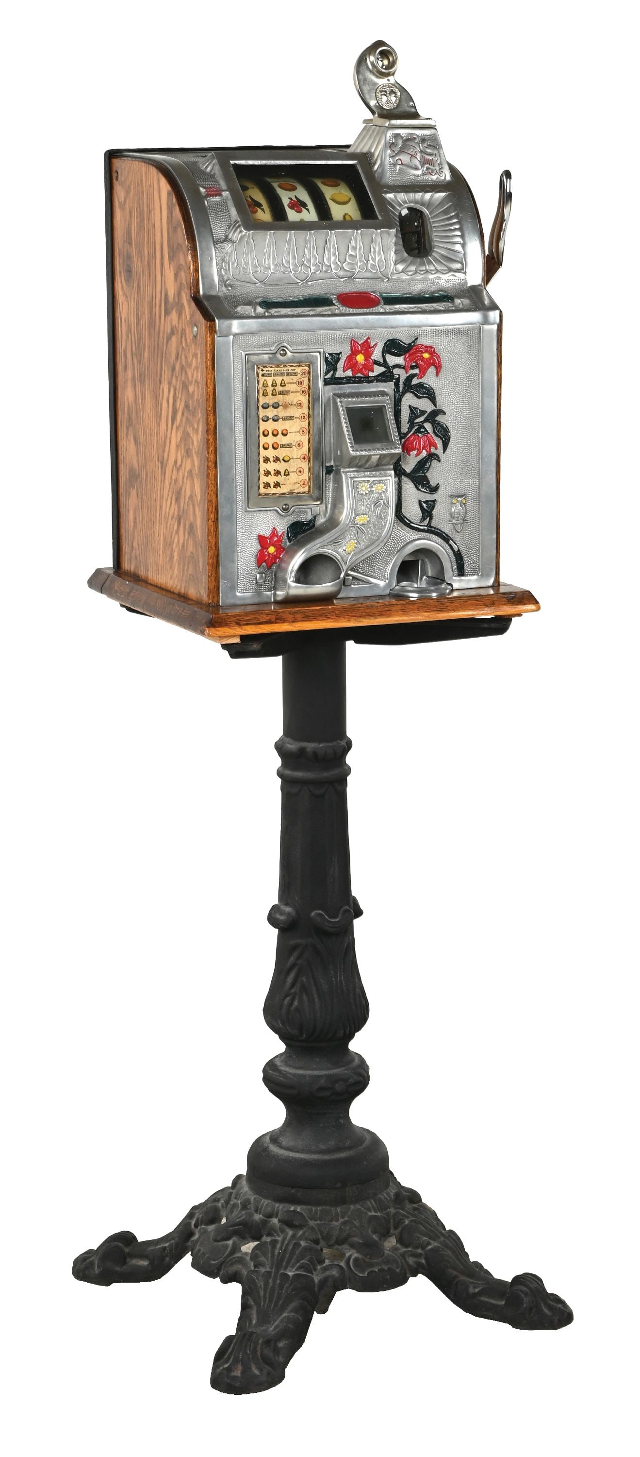 5¢ MILLS NOVELTY CO. POINSETTIA SLOT MACHINE W/ CAST IRON BASE: CONDITION: Showing an older restoration to the cabinet with original reel strips, award card, back door and cash box. Plays and pays correctly as well as the jackpot. Comes with a contemporary cast ir