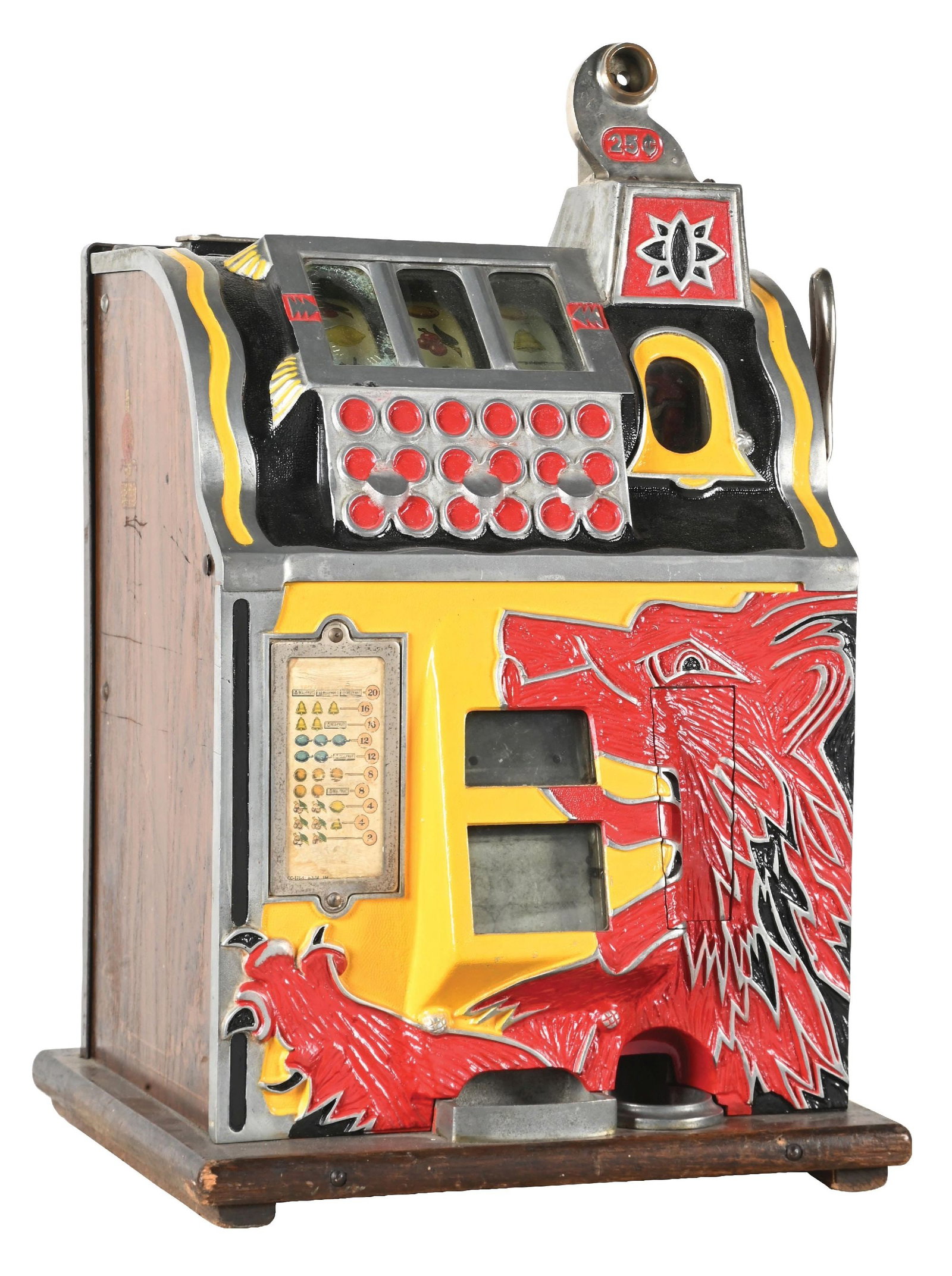25¢ MILLS NOVELTY CO. LION HEAD SLOT MACHINE: CONDITION: Showing an unrestored machine with older repainted casting. With original reel strips, award card and back door. No cash box. Plays and pays correctly, including the jack pot. This is not a