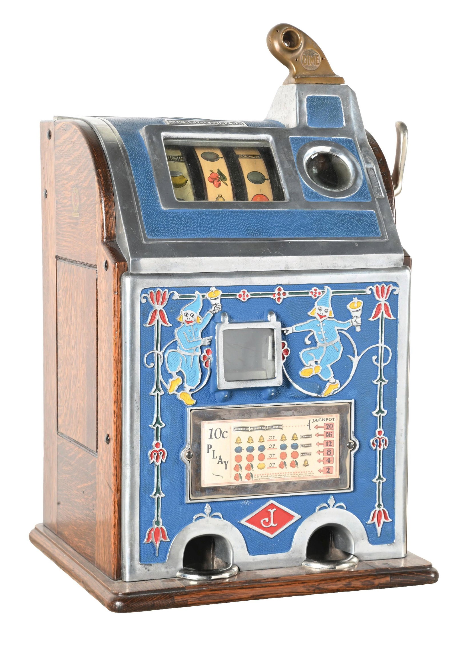 10¢ JENNINGS & CO. DUTCH BOY SLOT MACHINE: CONDITION: Showing an older restoration of the cabinet and casting. with original reel strips, award card, and cash box. Back door is a replacement. Plays and pays correctly including the jackpot. Thi