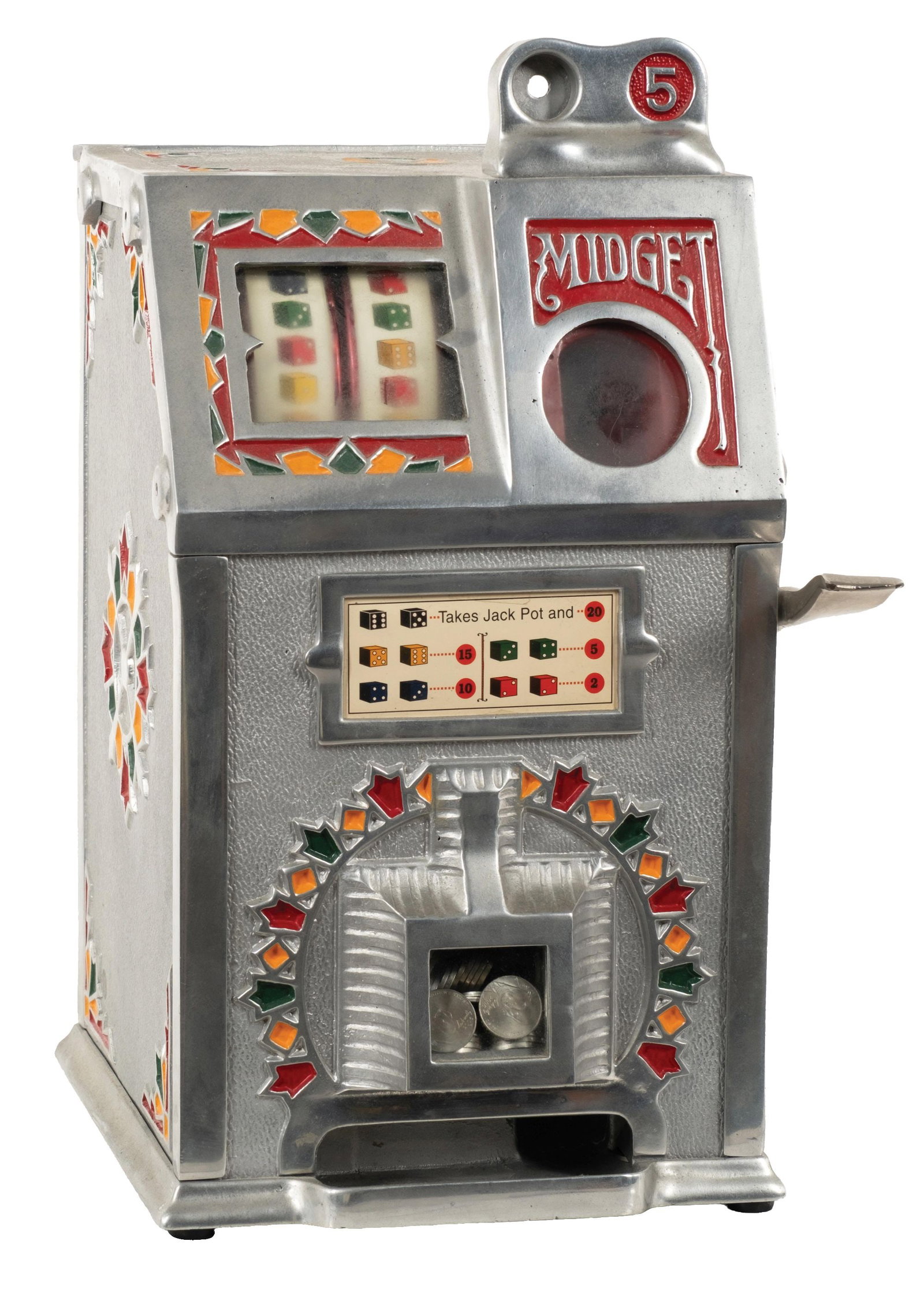 2-REEL "MIDGET" SLOT MACHINE: CONDITION: Showing an older restoration with aluminum case, new inset paint, new reel strips and award card, with working jackpot. Fully operational and from a fresh-to-market collection. Condition: (