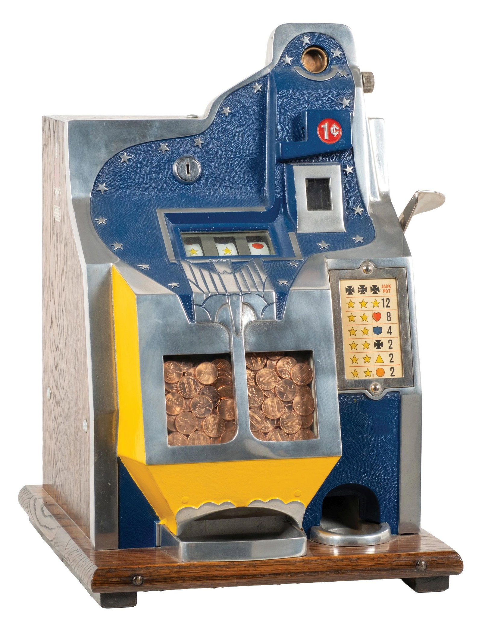 1¢ MILLS QT "FIREBIRD" SLOT MACHINE: CONDITION: Showing an older restoration to the cabinet and to the front casting, double jackpot, penny operation, with new reel strips and award card. A beautiful restoration and an excellent operatin