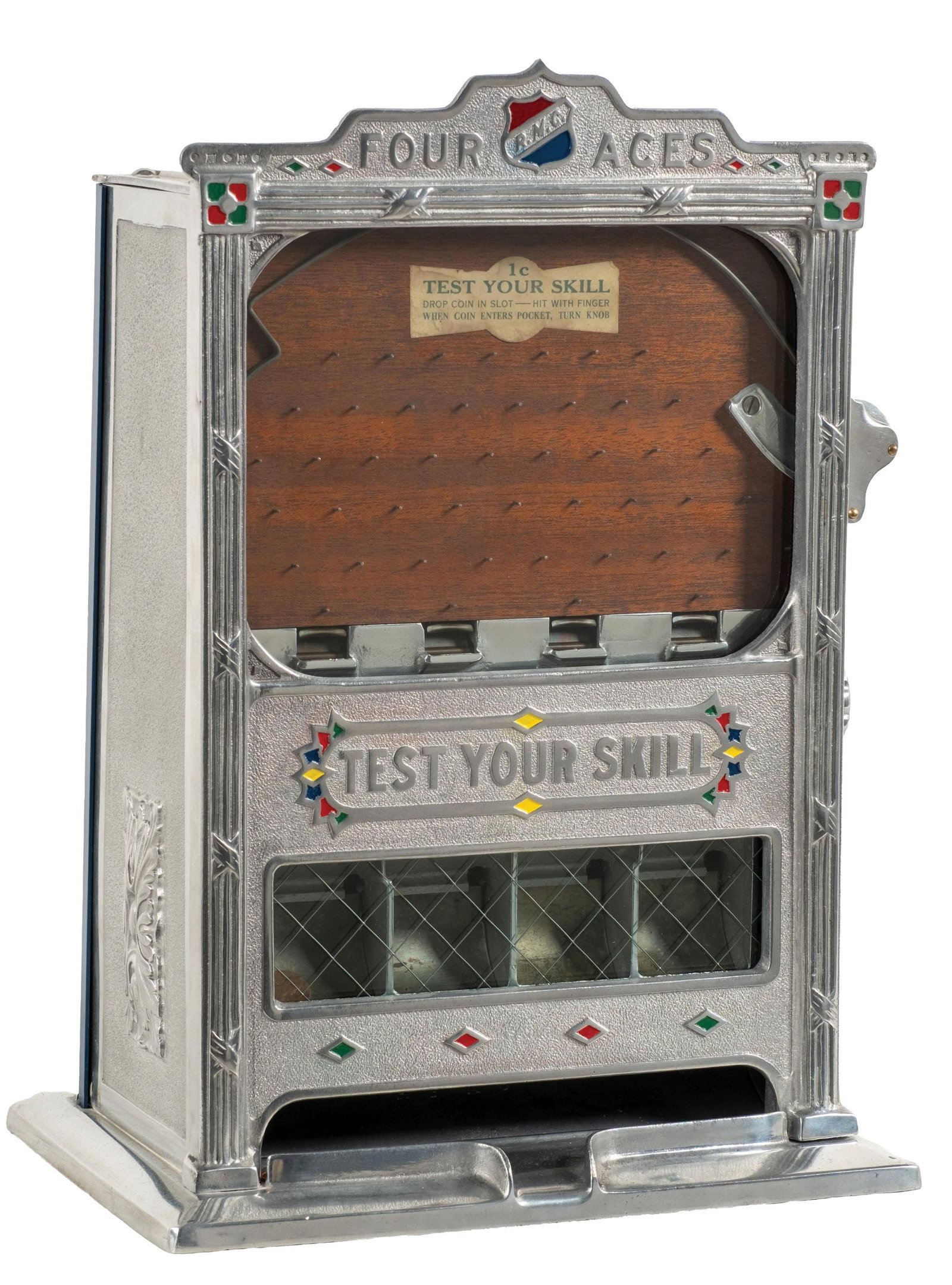 1¢ "FOUR ACES" PENNY POCKET SLOT MACHINE: CONDITION: An original cabinet with original decals, four working jackpots, with a repainted back door. Fully operational and working perfectly from a fresh-to-market collection. Condition: (Very Good