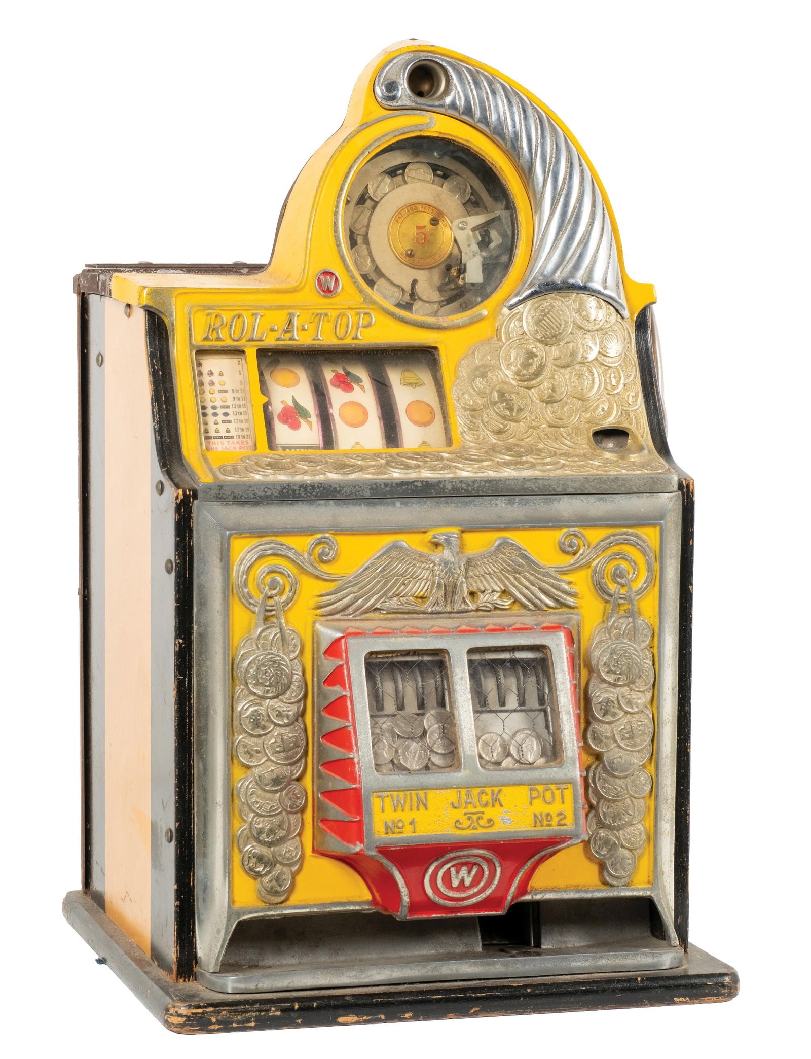 5¢ WATLING ROL-A-TOP TWIN JACKPOT SLOT MACHINE: Watling Rol-A-Top 5¢ machine in original condition. CONDITION: Scuffs and scrapes throughout, consistent with age and use. Has a new back door lock, which is not original to the machine. Has orig