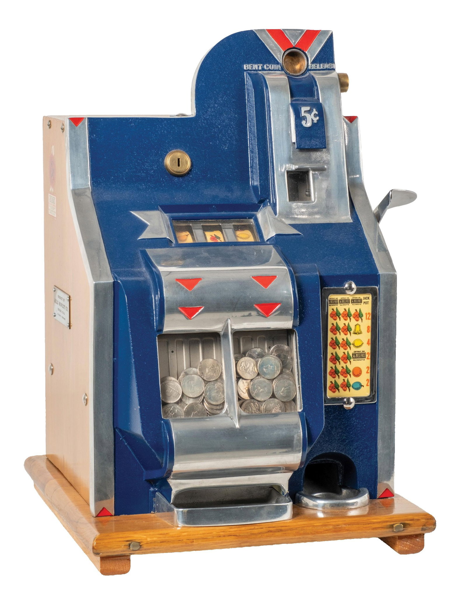 5¢ MILLS "QT CHEVRON" SLOT MACHINE: CONDITION: Showing an older restoration with new reel strips and award card. Original back door and lock, with no cash box. Plays and pays correctly, the jackpots are untested. Condition: (Very Good).