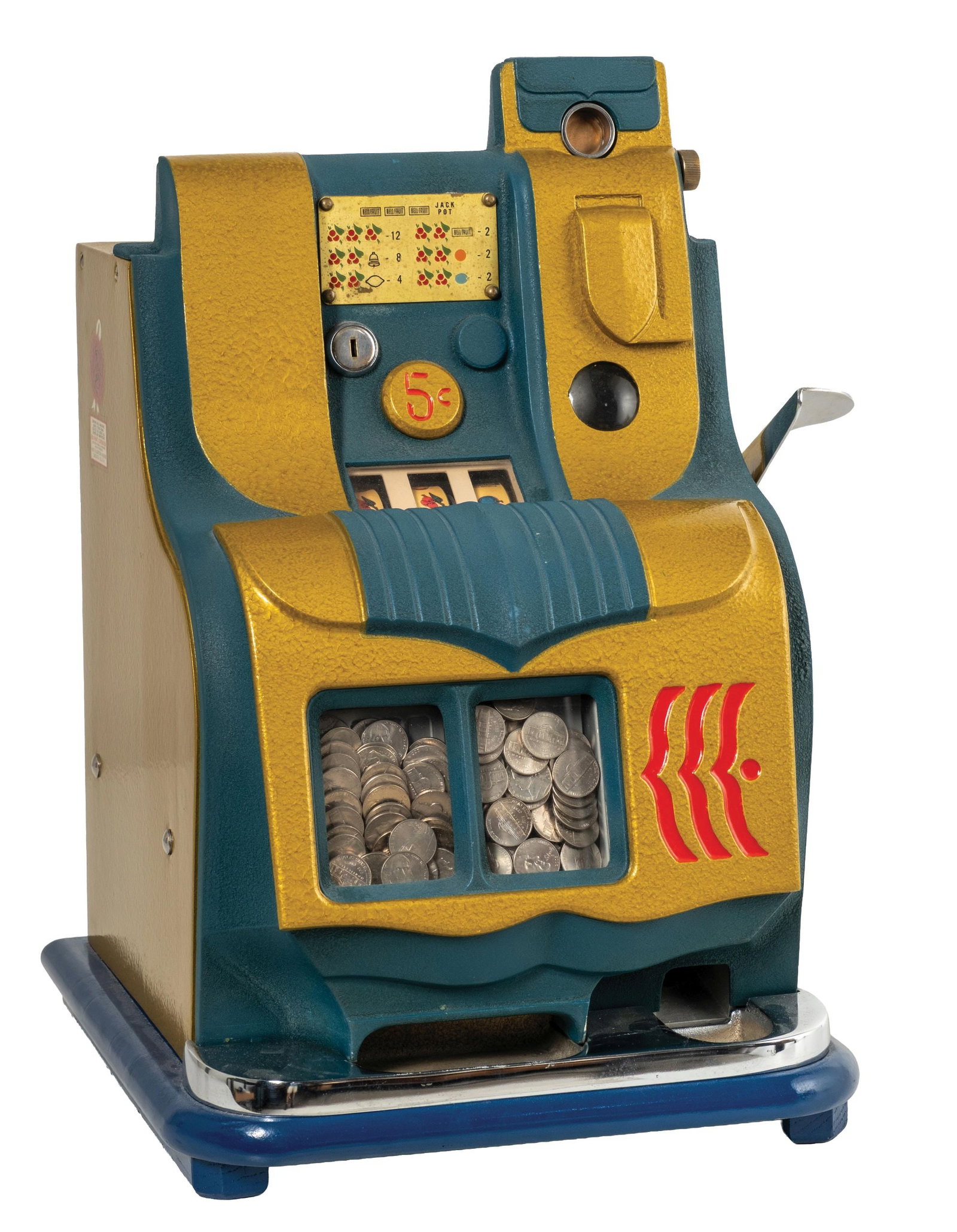 5¢ MILLS "QT" CHEVRON SLOT MACHINE: CONDITION: Showing a restoration of the cabinet with new reel strips, award card, original back door and cash box. Plays beautifully and pays as intended including the jackpot. Condition: (Restored). 