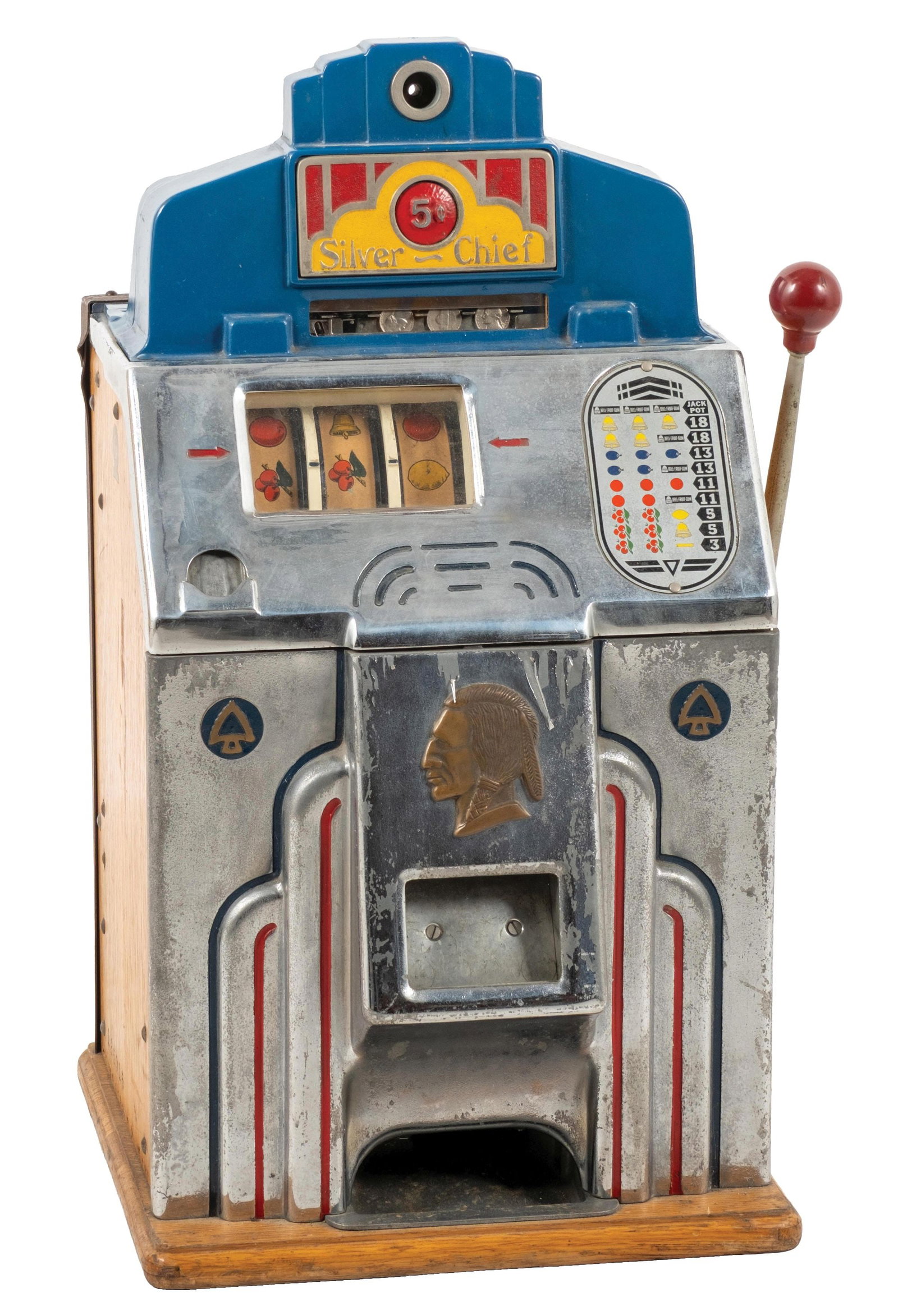 5¢ JENNINGS SILVER CHIEF SLOT MACHINE: CONDITION: Showing an unrestored condition with original reel strips and award card. The back door is original as well as the cash box. The slot plays and pays, however the jackpot[ is untested. This 
