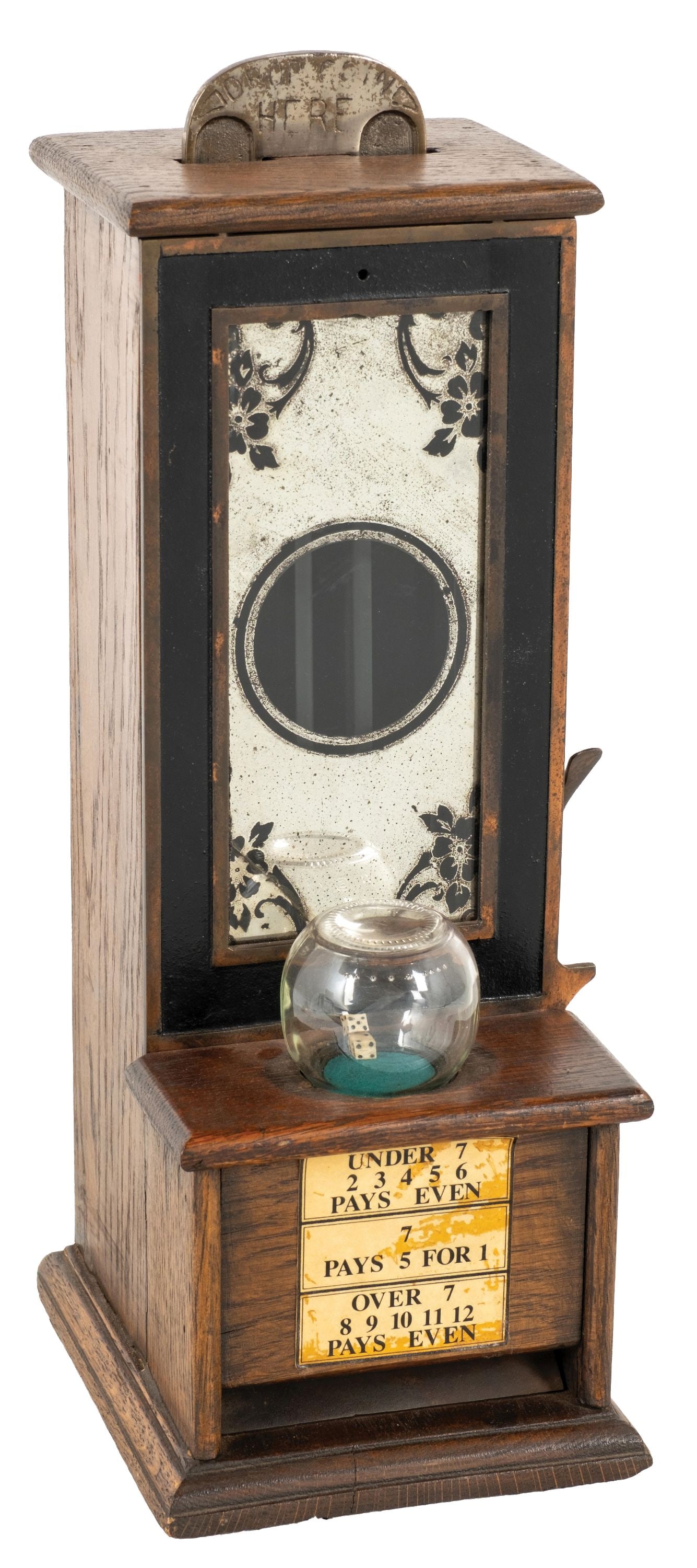 1¢ IMPERIAL VENDING MACHINE AND DICE TRADE STIMULATOR: c. 1910. This vending machine by Imperial Mfg. Co. has a gambling component. Every time a patron pulled the handle to dispense a stick of gum, the three dice would pop giving the patron a chance at wi