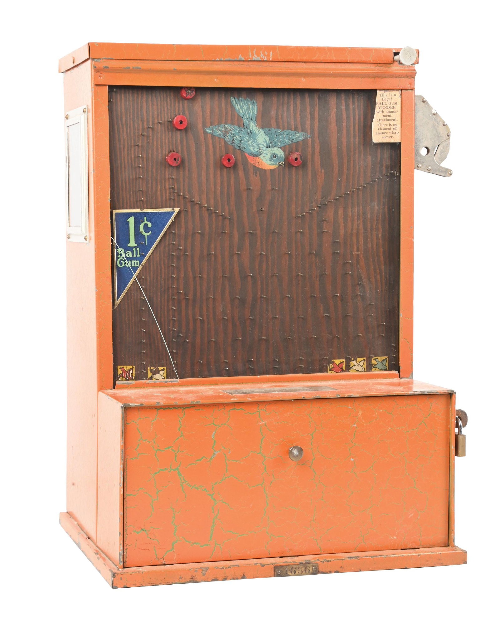 1¢ BLUEBIRD BALL GUM TRADE STIMULATOR: C: 1925. Made by the Bluebird company in Kansas city, showing original paint and decals. Fully operational, a very nice original example. Condition: (Good). Dimensions: 14" x 8 - 1/2" x 17 - 3/4".