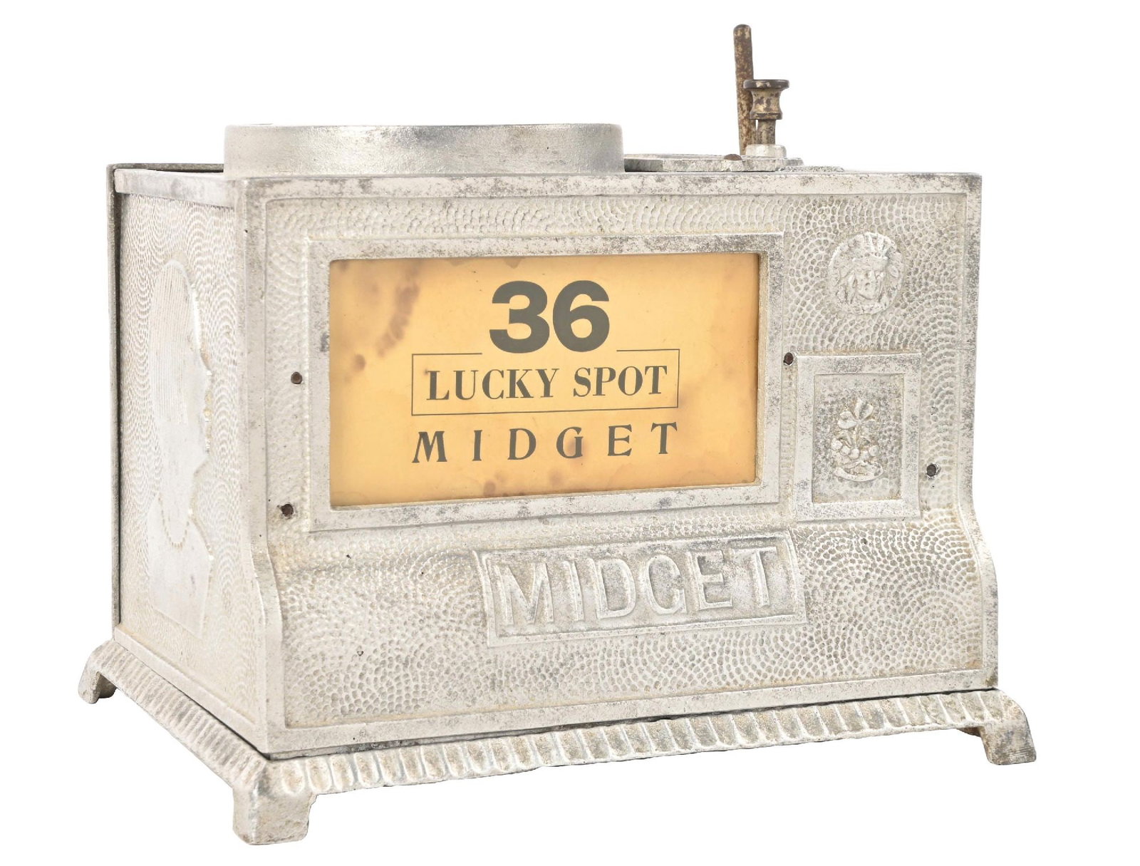 5¢ CHARLES FEY MIDGET DICE TRADE STIMULATOR: C. 1926. CONDITION: It shows an original trade stimulator with an oxidized aged patina exterior aluminum case. It has all original paper award cards, backdoor and new felt to the interior. It is opera