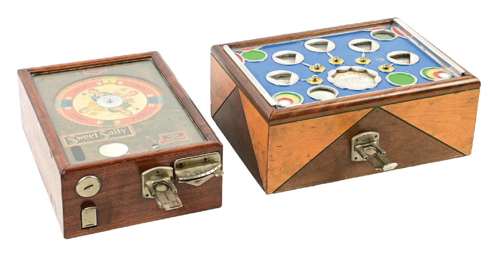 A PAIR OF TRADE STIMULATORS: SWEET SALLY & SKILL DRAW: CONDITION: (A) Exhibit Supply Company Sweet Sally trade stimulator showing a seldom-seen cigarette roulette wheel graphic. In original case, with all original hardware, showing light oxidation to the 