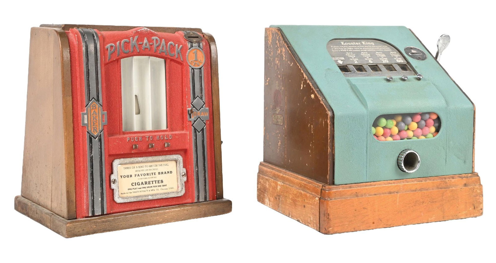 A PAIR OF TRADE STIMULATORS: 1¢ PICK-A-PACK CIGAR & KOUNTER KING GUMBALL: CONDITION: (A) Baker Novelty 1¢ Pick-A-Pack Cigar dice trade stimulator, showing original condition, with scuffs and scrapes to the original wood cabinet, original paint to the front aluminum cas