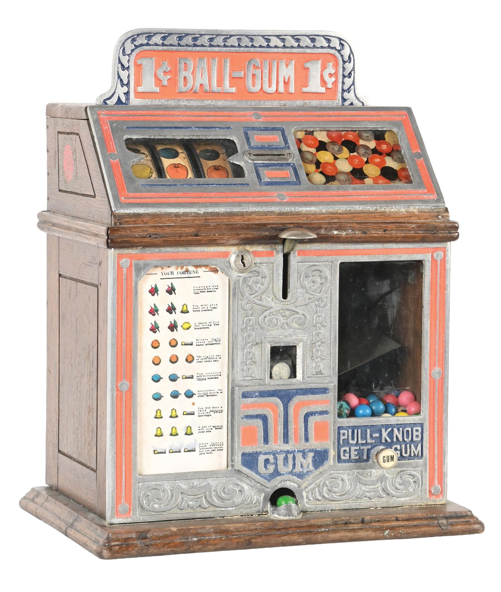 1¢ SUPERIOR CONFECTION CO. BALL GUM TRADE STIMULATOR: C. 1930. CONDITION: It shows an older restoration with new finish to the wood case. It has the original front castings with new paint, original reel strips, new award card, working gumball mechanism, 