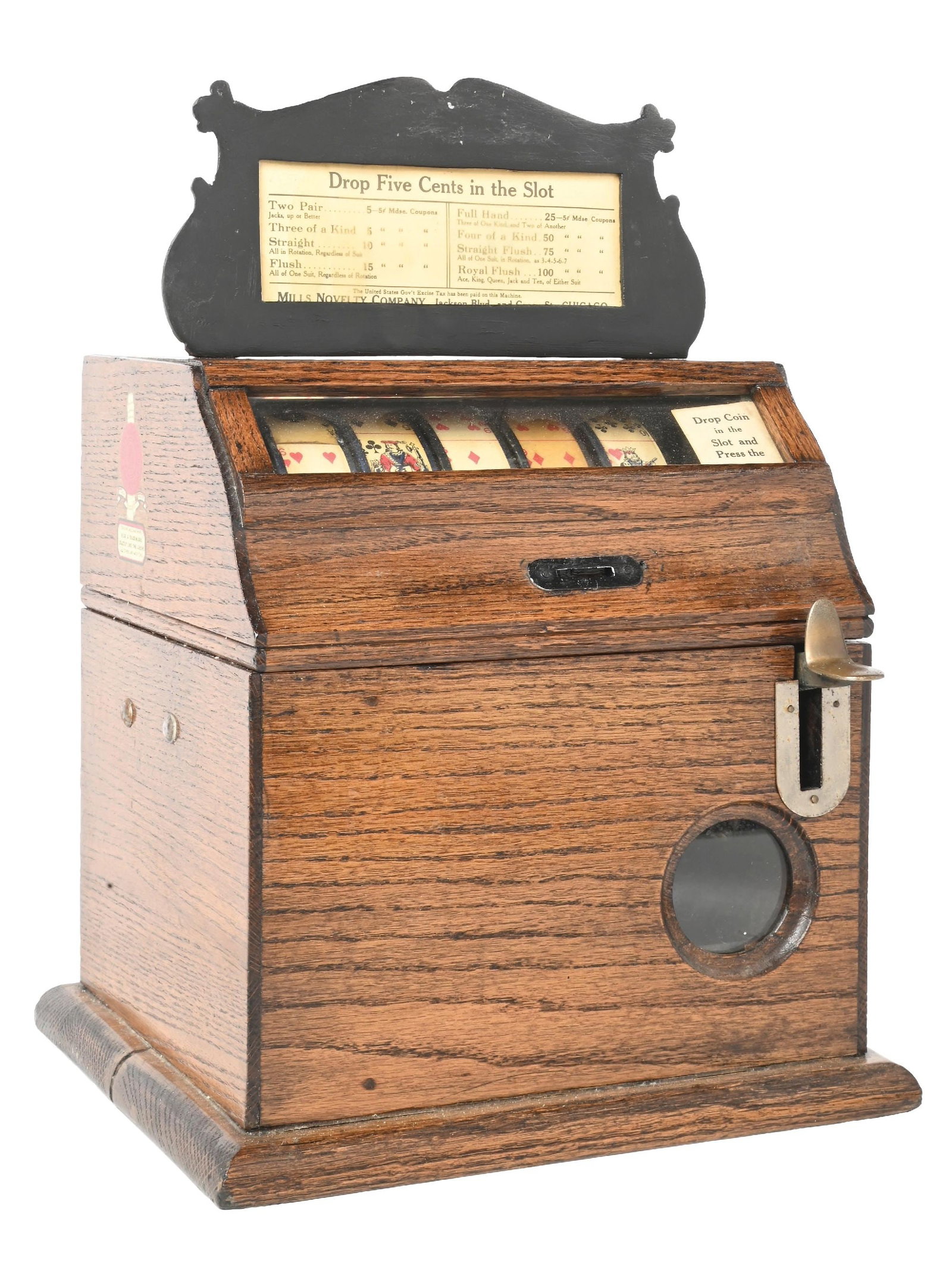 5¢ MILLS NOVELTY CO. "LITTLE PERFECTION" POKER TRADE STIMULATOR: C: 1920. CONDITION: Showing an older refinished cabinet with new decals, new reel strips and award card, with repainted original marquee holder. Has a replaced coin door and is fully operational. Cond