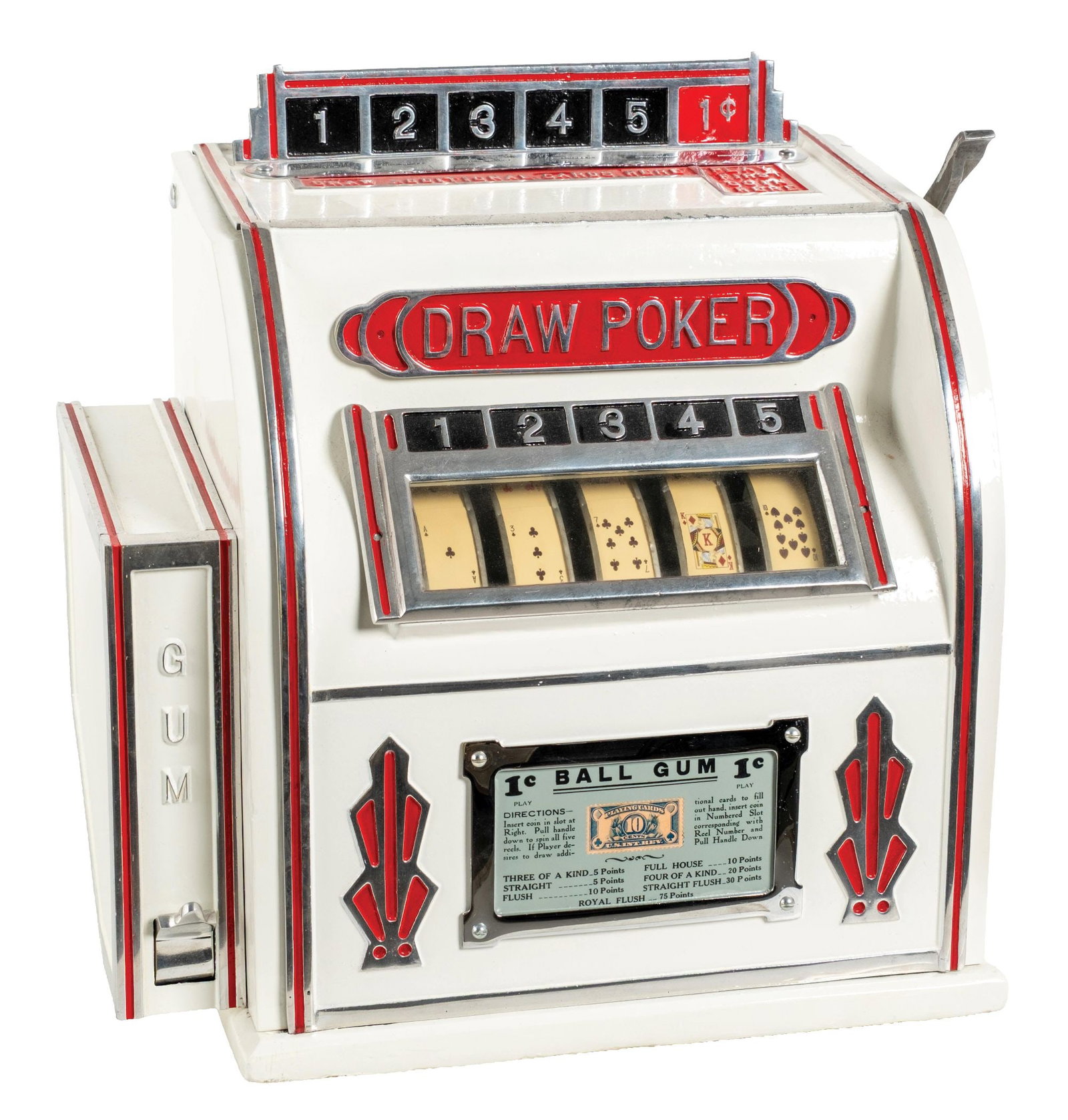 1¢ POK-O-REEL TRADE STIMULATOR W/ SIDE GUM VENDOR: CONDITION: Showing an older restoration with new paint, new reel strips, new award card, 100% working gum mechanism, and replaced back door. Working perfectly and from a fresh-to-market collection. Co