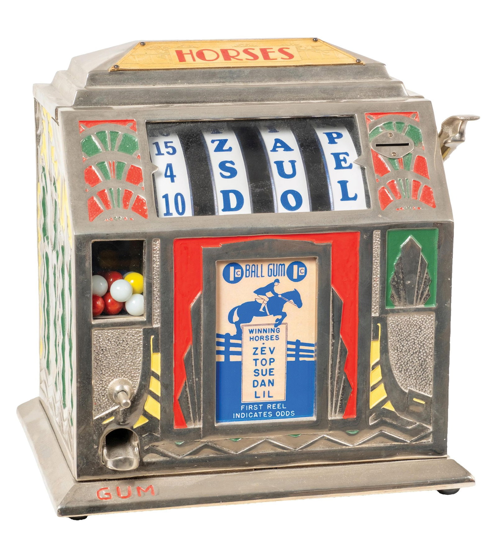 1¢ "HORSES" HORSE RACE-THEMED ALUMINUM TRADE STIMULATOR: CONDITION: Showing a restoration to the aluminum cabinet, with polished cabinet and new inset paint, with new reel strips, new award card, and fully operative gumball mechanism. Working perfectly and 