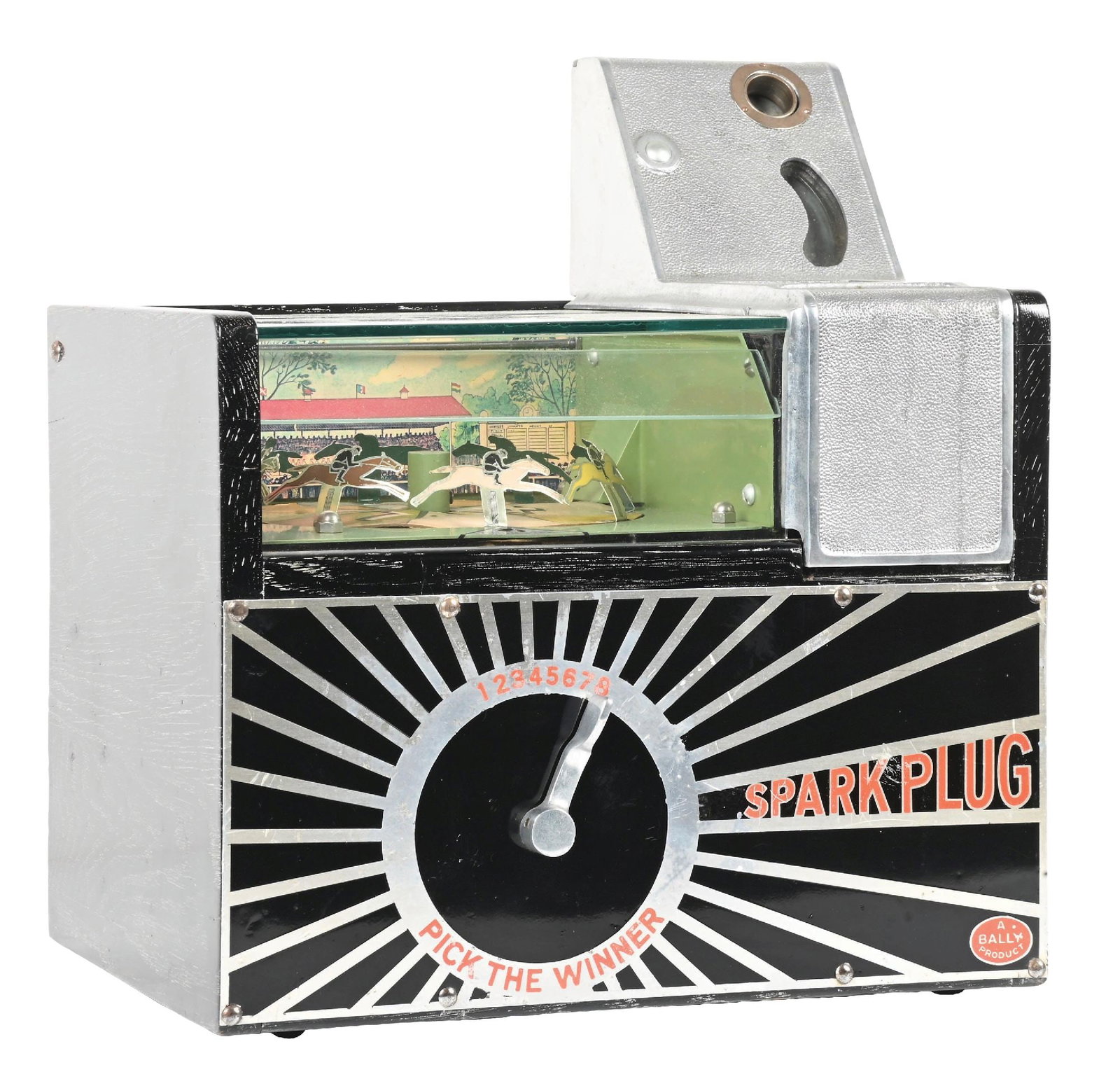 5¢ BALLY "SPARK PLUG" HORSE-RACING TRADE STIMULATOR: C. 1932. CONDITION: An original trade stimulator, showing some new paint to the wood case and tin front panel. The playfield shows bright color with light wear from use. All horses are present and in 