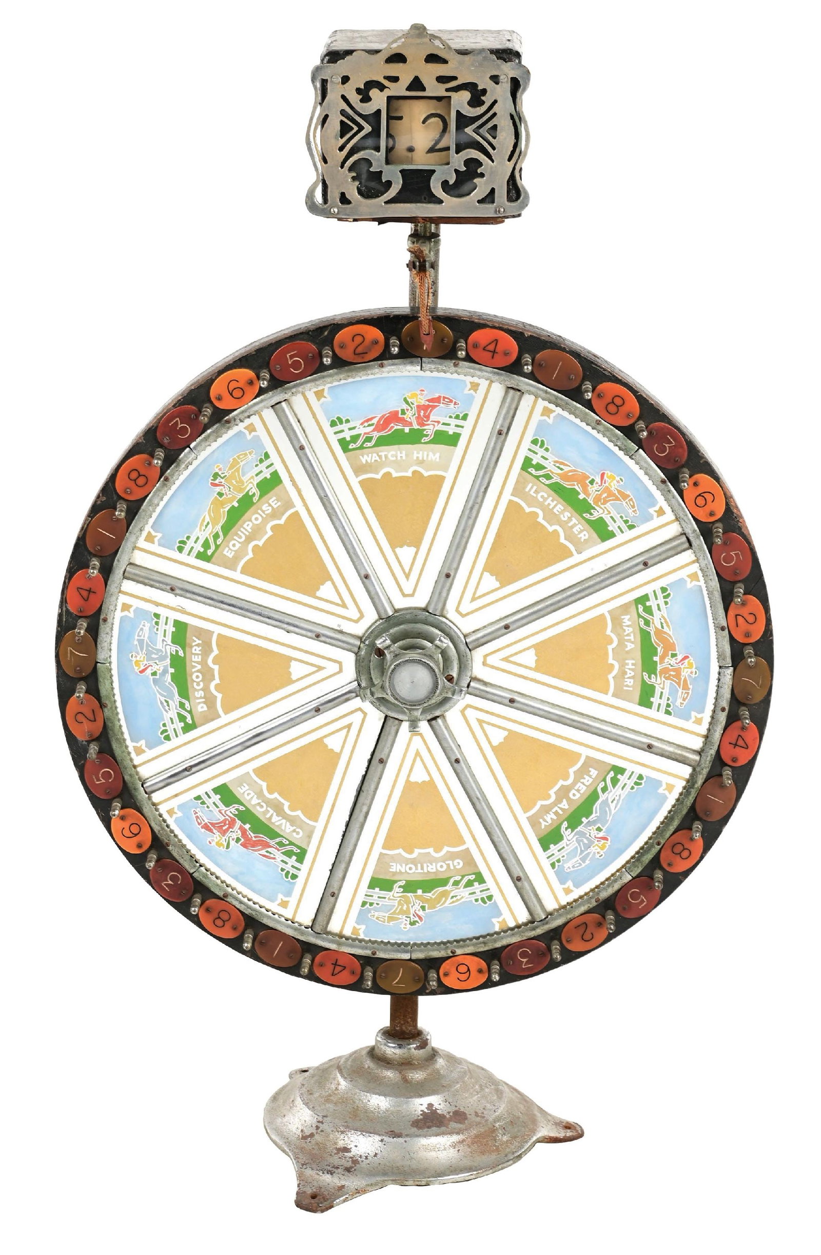 EVANS HORSE RACING GAMBLING WHEEL WITH ODDS MAKER ON STAND: CONDITION: All original with great horse race graphics, original dial and odds maker with original stand showing moderate plating loss. The dial has oxidation to the plated surfaces, light fade to the