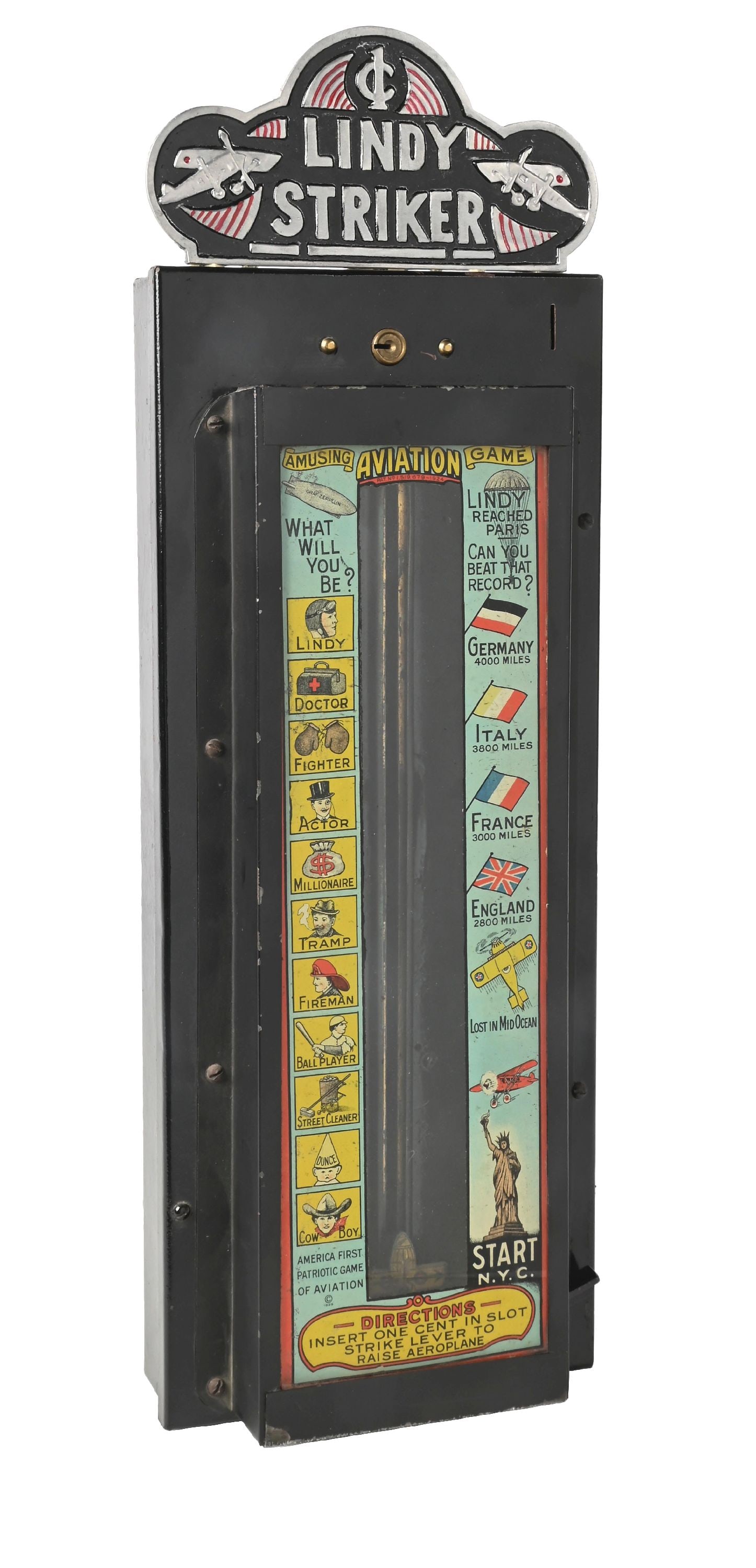 1¢ MADORSKY CO. LINDY STRIKER WALL HANGING ARCADE GAME: This aviation themed amusement machine is marked as "America's First Patriotic Game Of Aviation" and shows who the player would compare to and how far their airplane would travel based on a strike of 