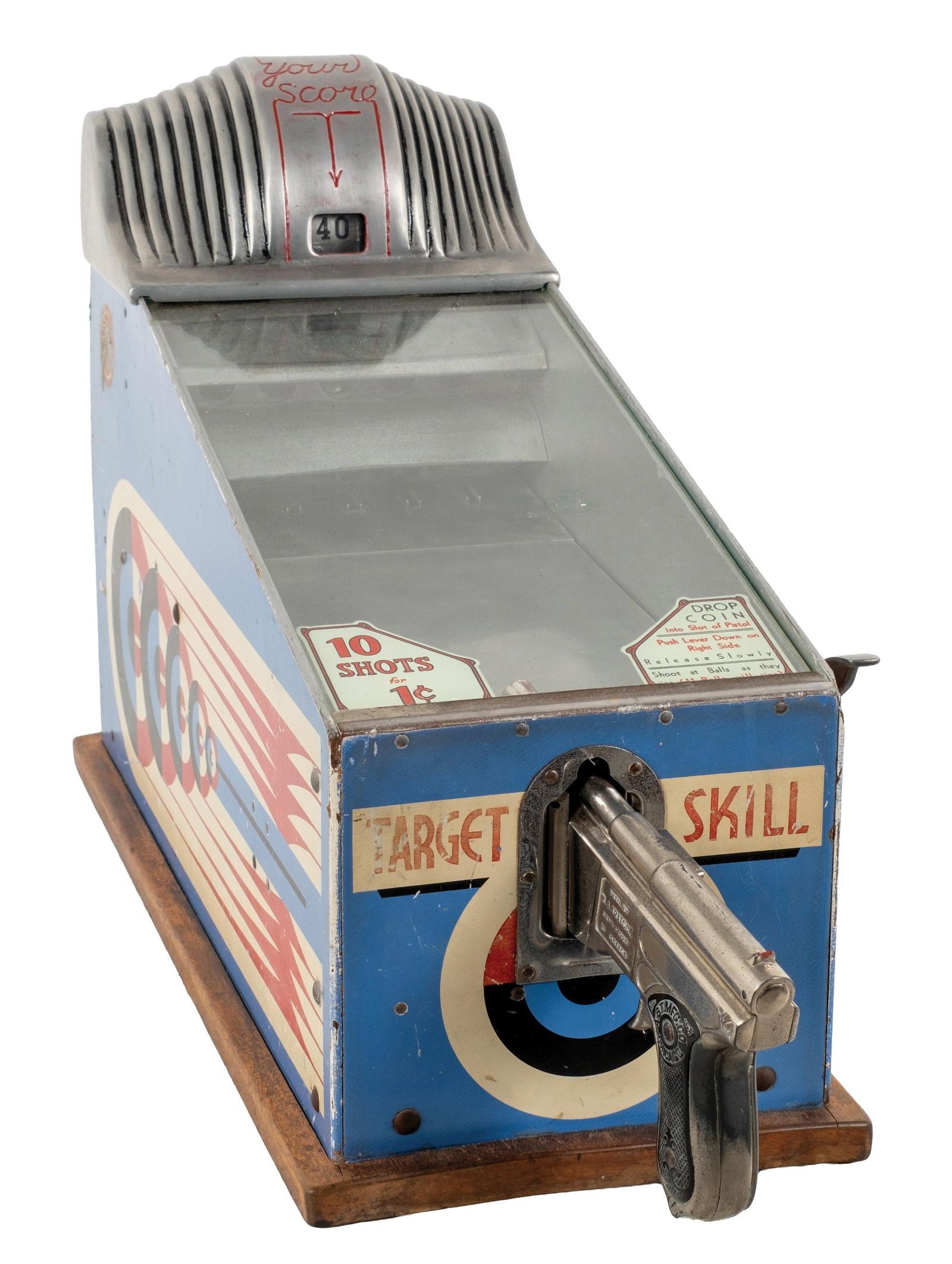 1¢ A.B.T MFG. TARGET SKILL ARCADE GAME: C: 1935. CONDITION: AN all original example with original graphics, score keeper, decals and pistol. Showing light wear overall, with some scuffs. Operational and ready to play. Condition: (Very Good)