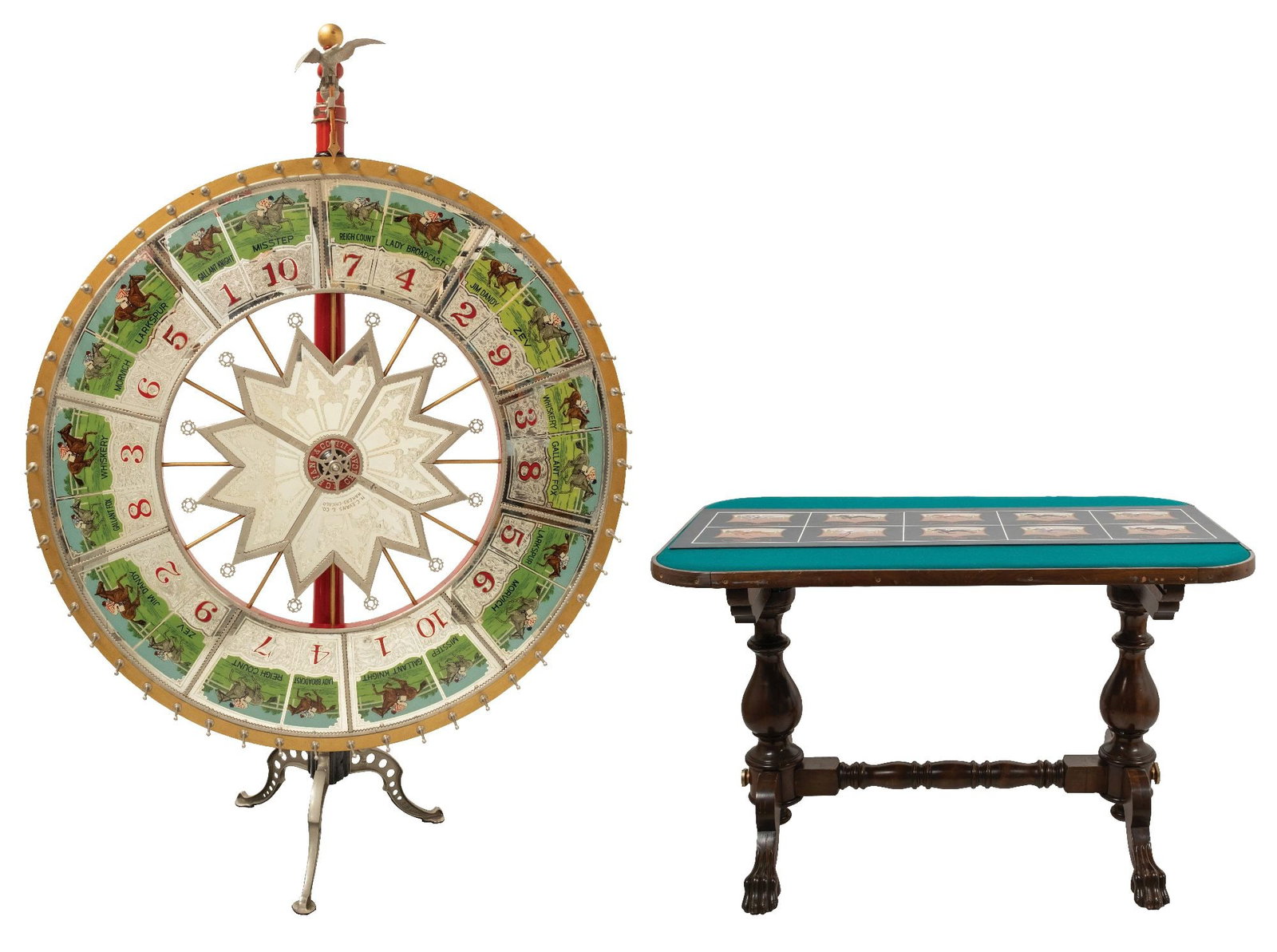 H.C. EVANS & CO. HORSE RACE GAMING WHEEL AND WALNT BETTING TABLE (1 of 9)