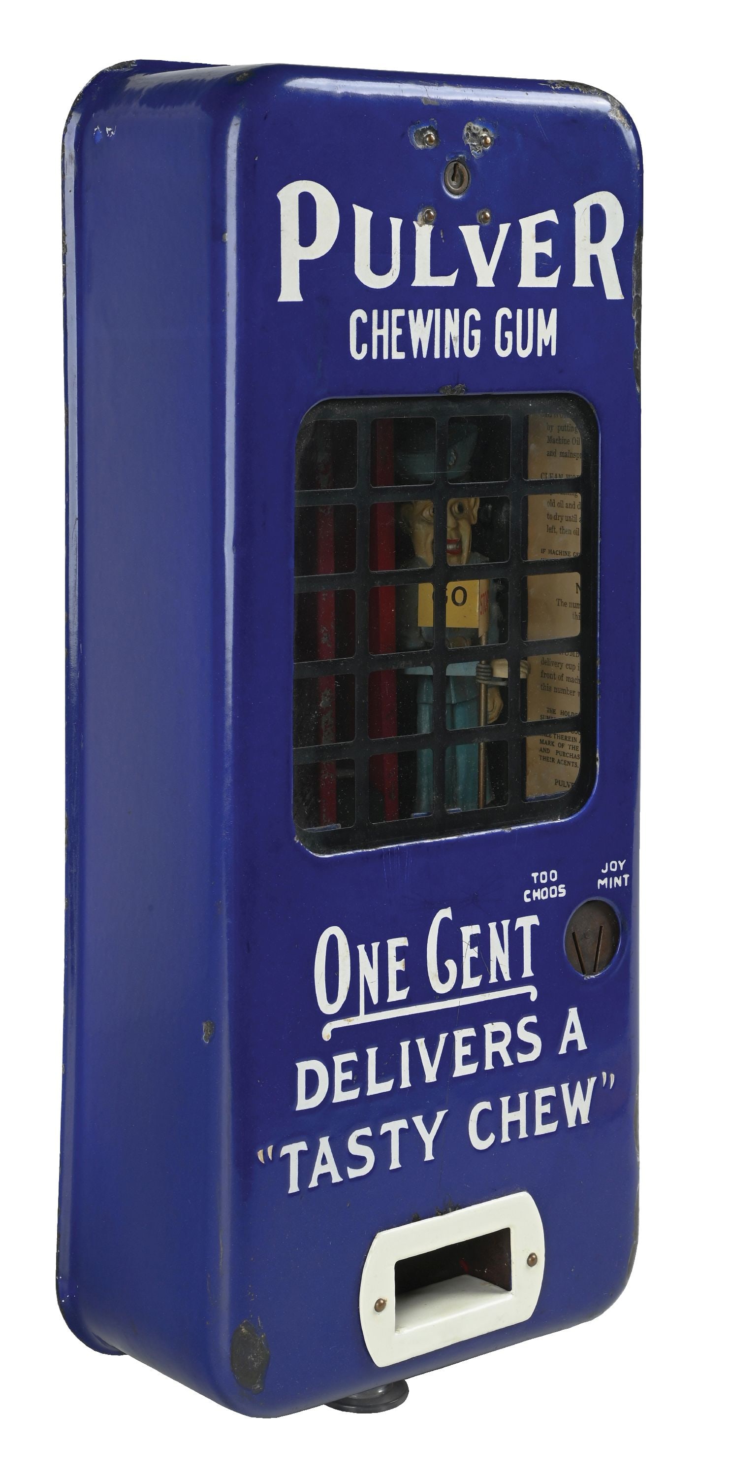 1¢ BLUE PORCELAIN STOP AND GO COP PULVER VENDING MACHINE: CONDITION: Showing all original porcelain with several larger chips at the right side, top and bottom. Original mech in original paint with light wear to the figure. Operational and with keys. Conditi