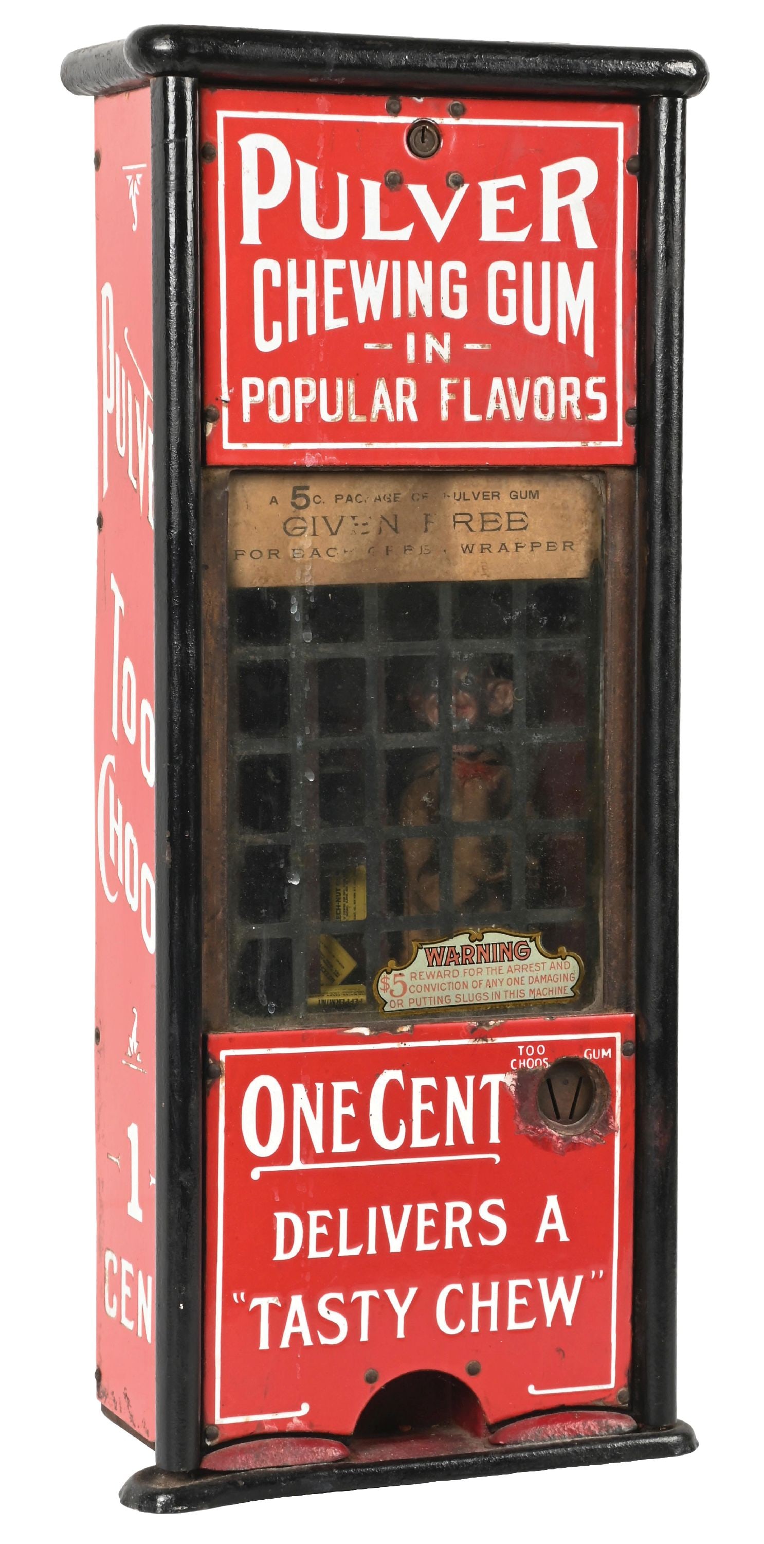 1¢ TALL CASE PULVER TAB GUM VENDING MACHINE W/YELLOW KID FIGURE: C: 1910. This is a tall case Pulver Too-Choos vending machine with an original Yellow Kid figure. The porcelain panels show light chipping primarily to the outside edges and the lower edges of the fro